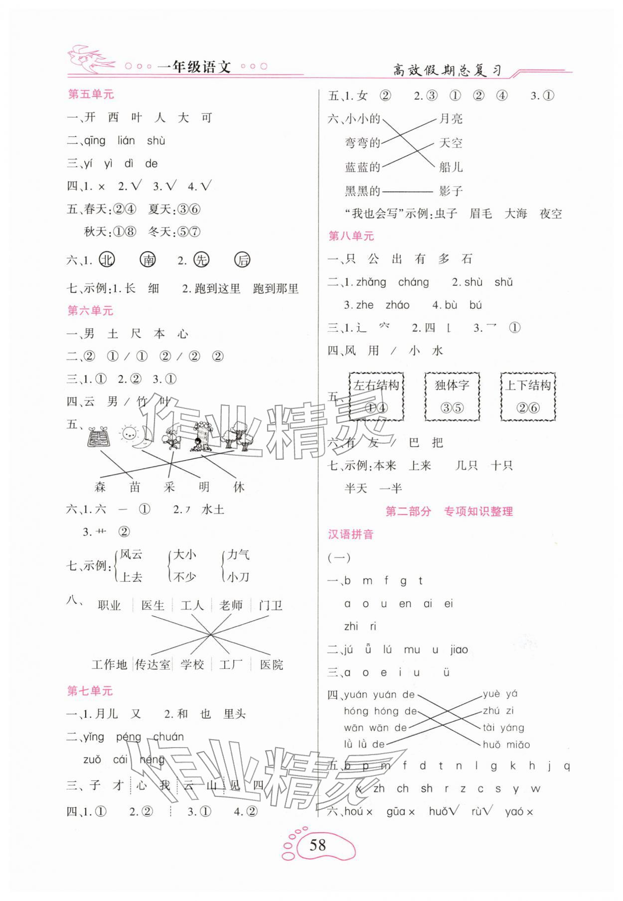 2026年倍优高效假期总复习一年级语文全一册人教版&nbsp;参考答案第2页