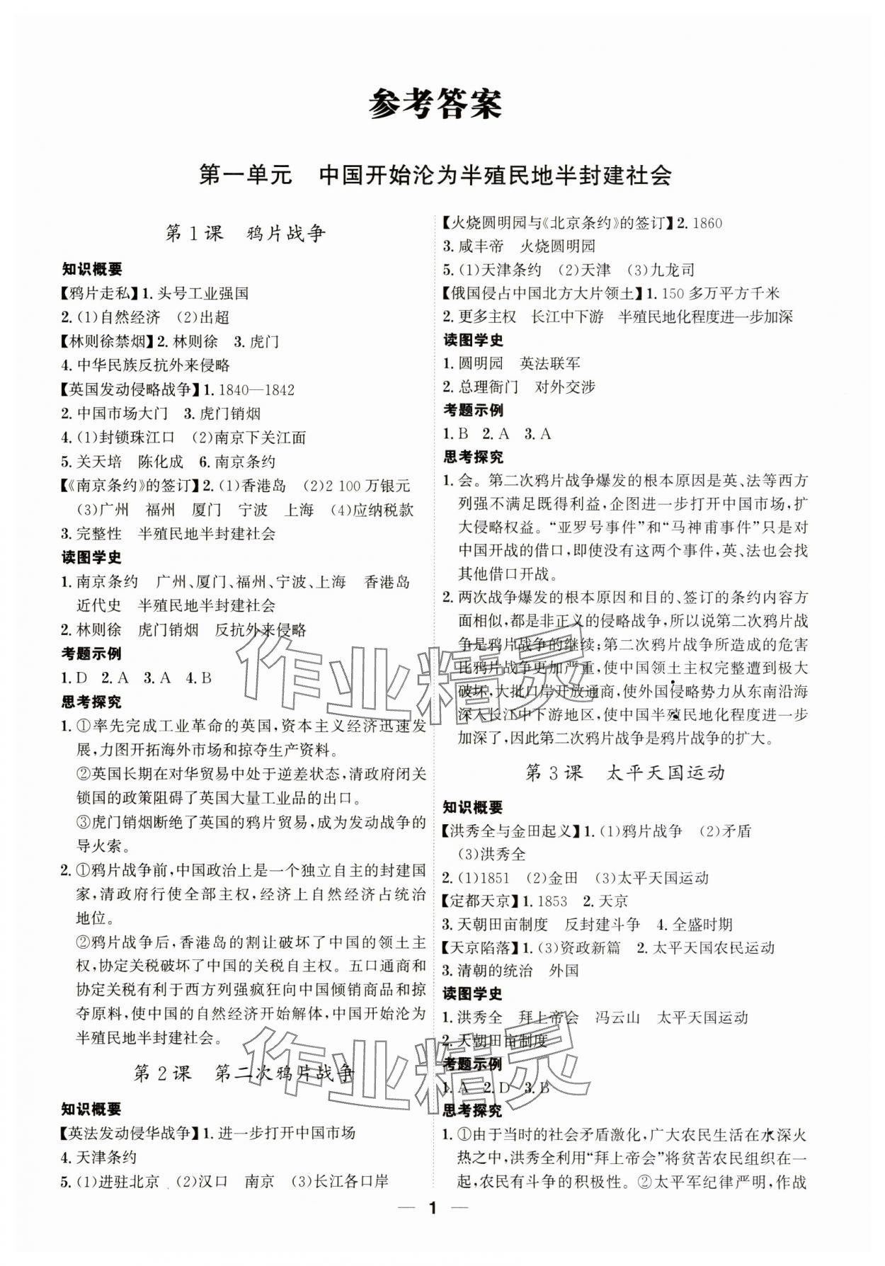 2023年名師金典八年級(jí)歷史上冊(cè)人教版深圳專版 參考答案第1頁