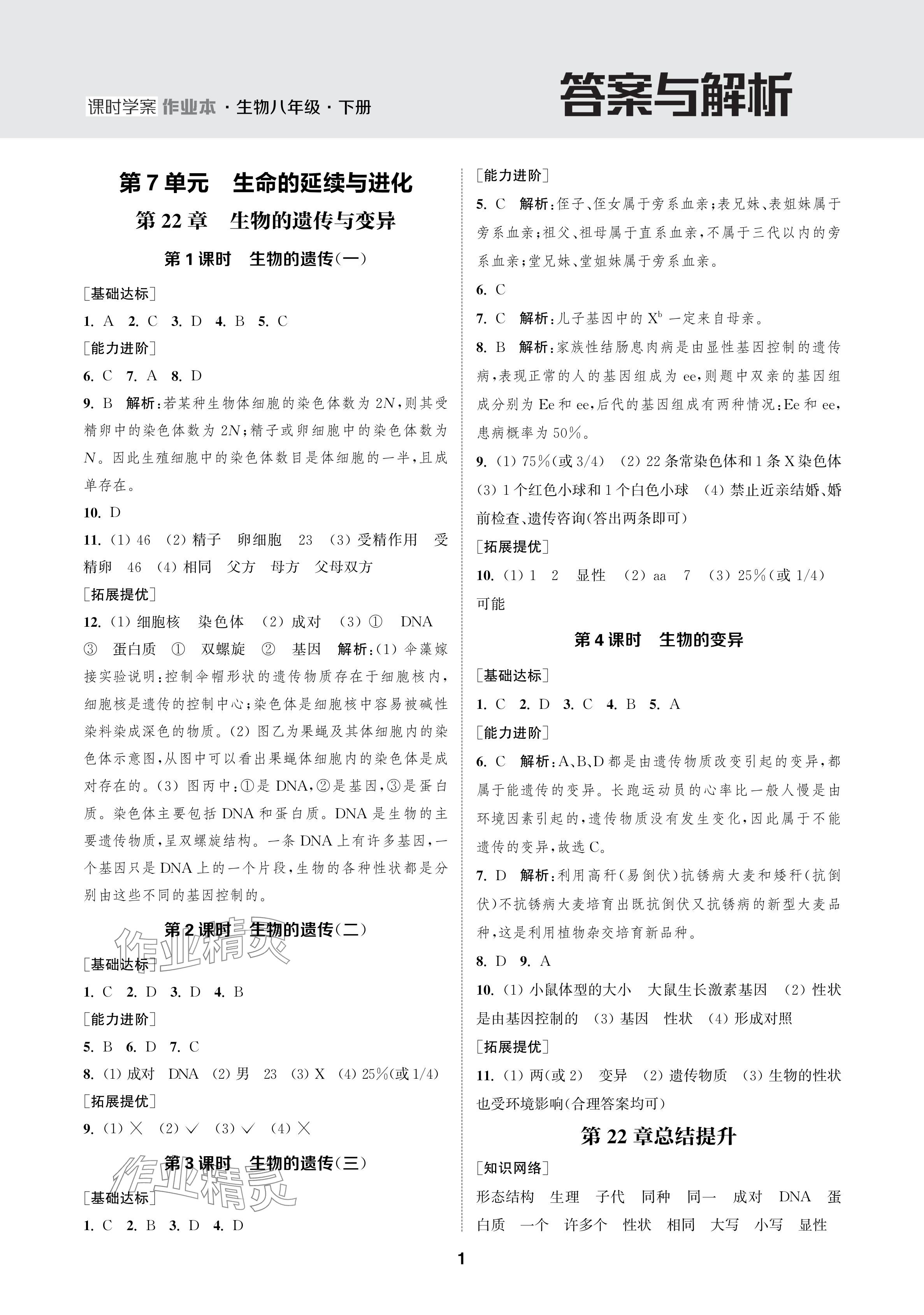 2024年金鑰匙課時(shí)學(xué)案作業(yè)本八年級(jí)生物下冊(cè)蘇科版 參考答案第1頁(yè)