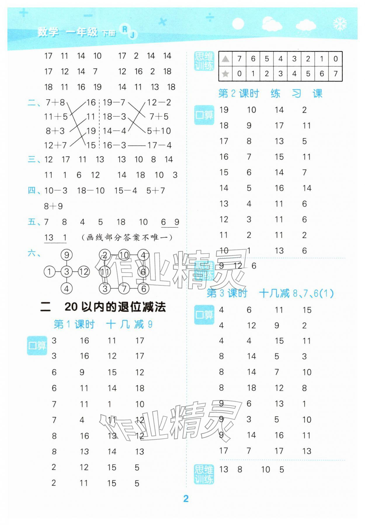 2026年口算大通关一年级数学下册人教版&nbsp;参考答案第2页