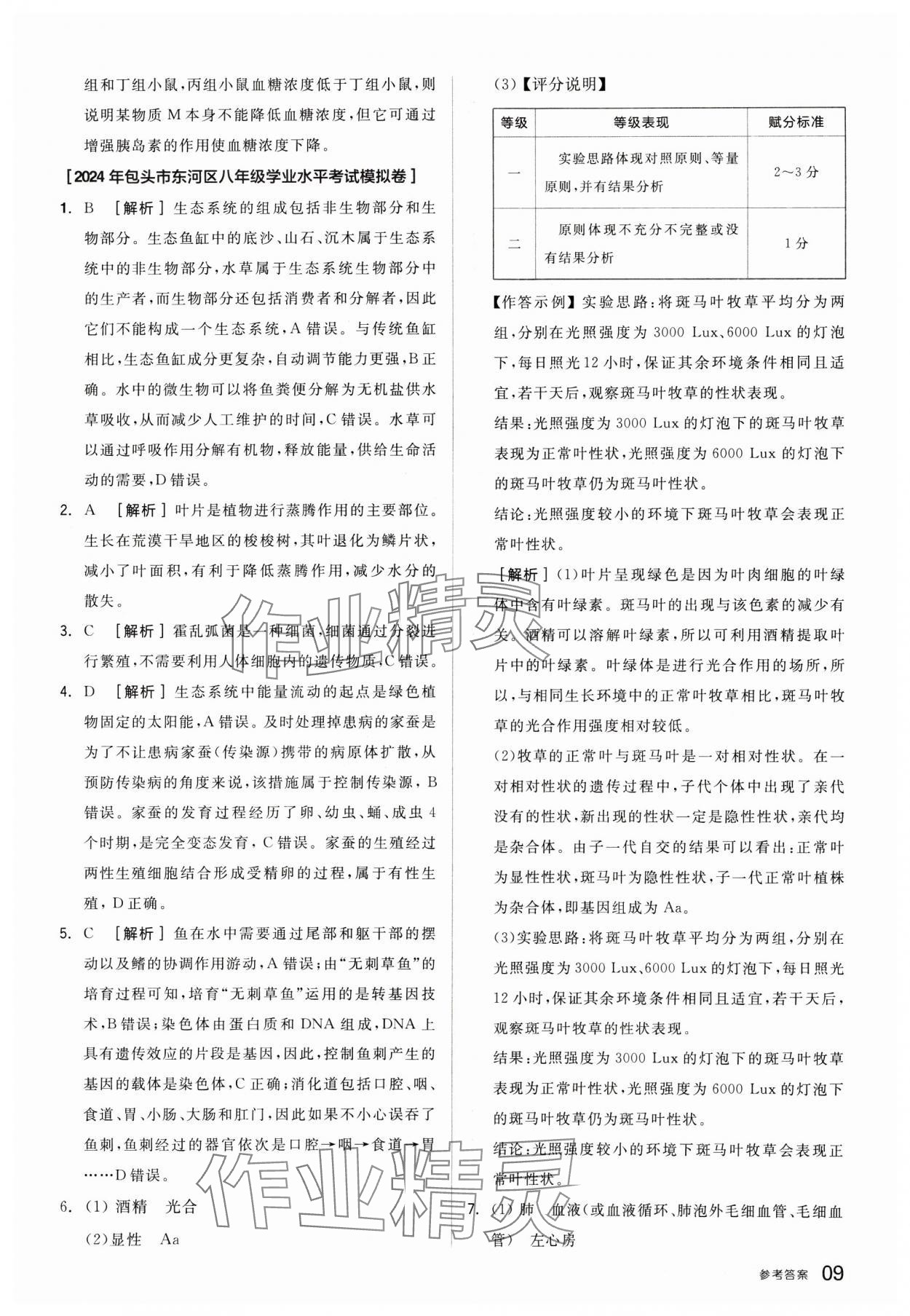 2025年全品中考优选重组卷生物内蒙古专版&nbsp;参考答案第9页