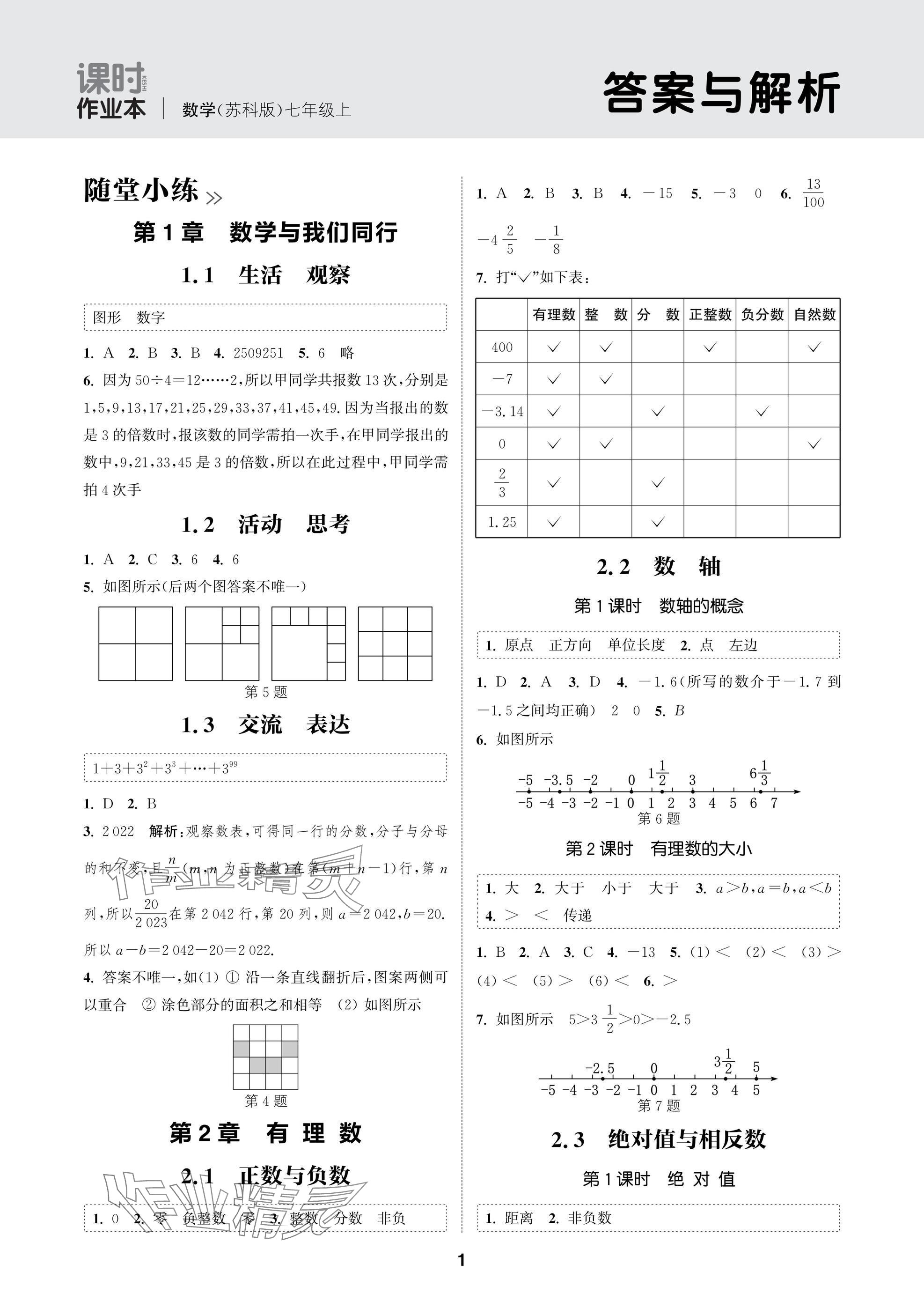 2025年通成學(xué)典課時作業(yè)本七年級數(shù)學(xué)上冊蘇科版蘇州專版 參考答案第1頁
