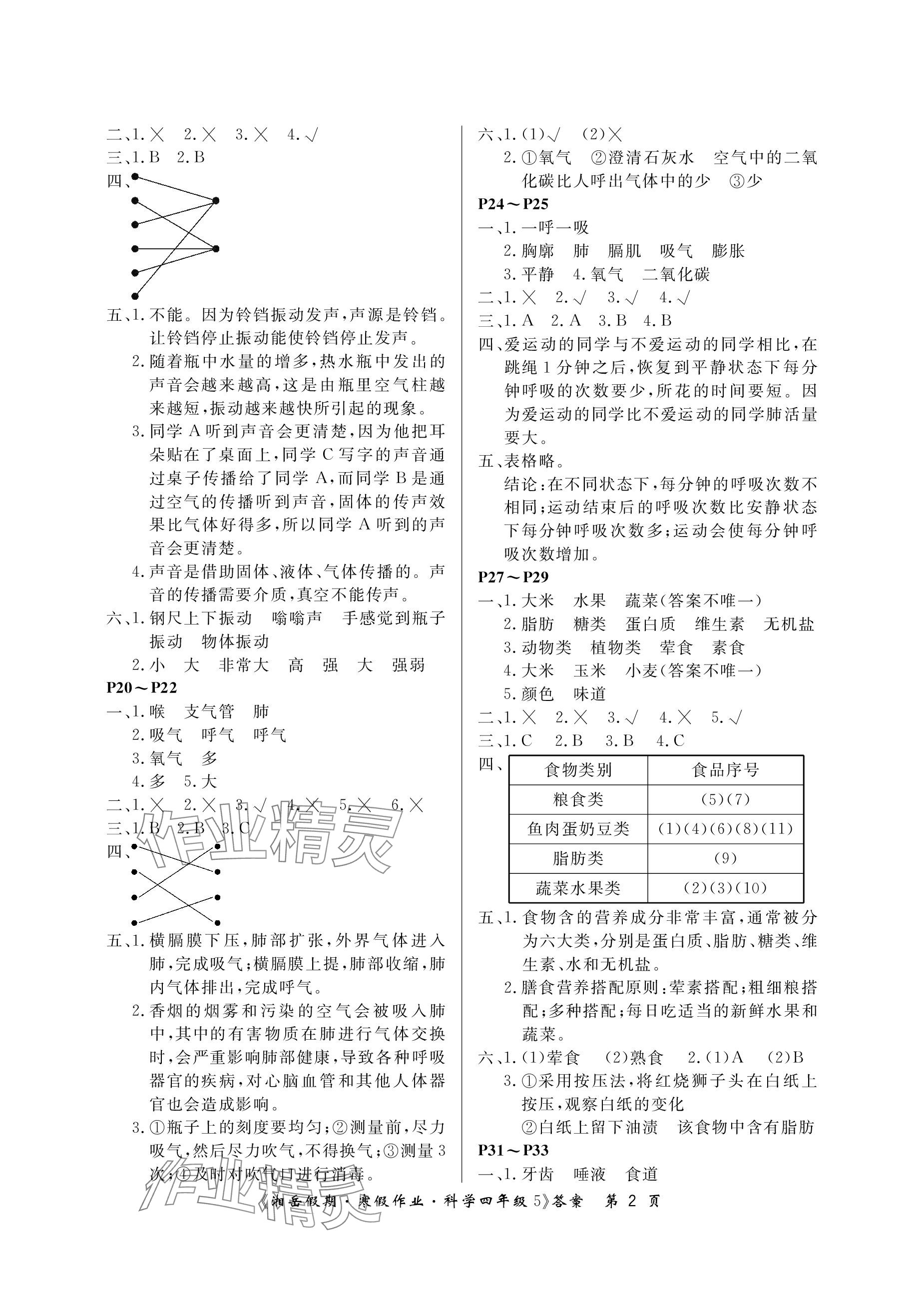 2024年湘岳假期寒假作业四年级科学教科版第五版 参考答案第2页