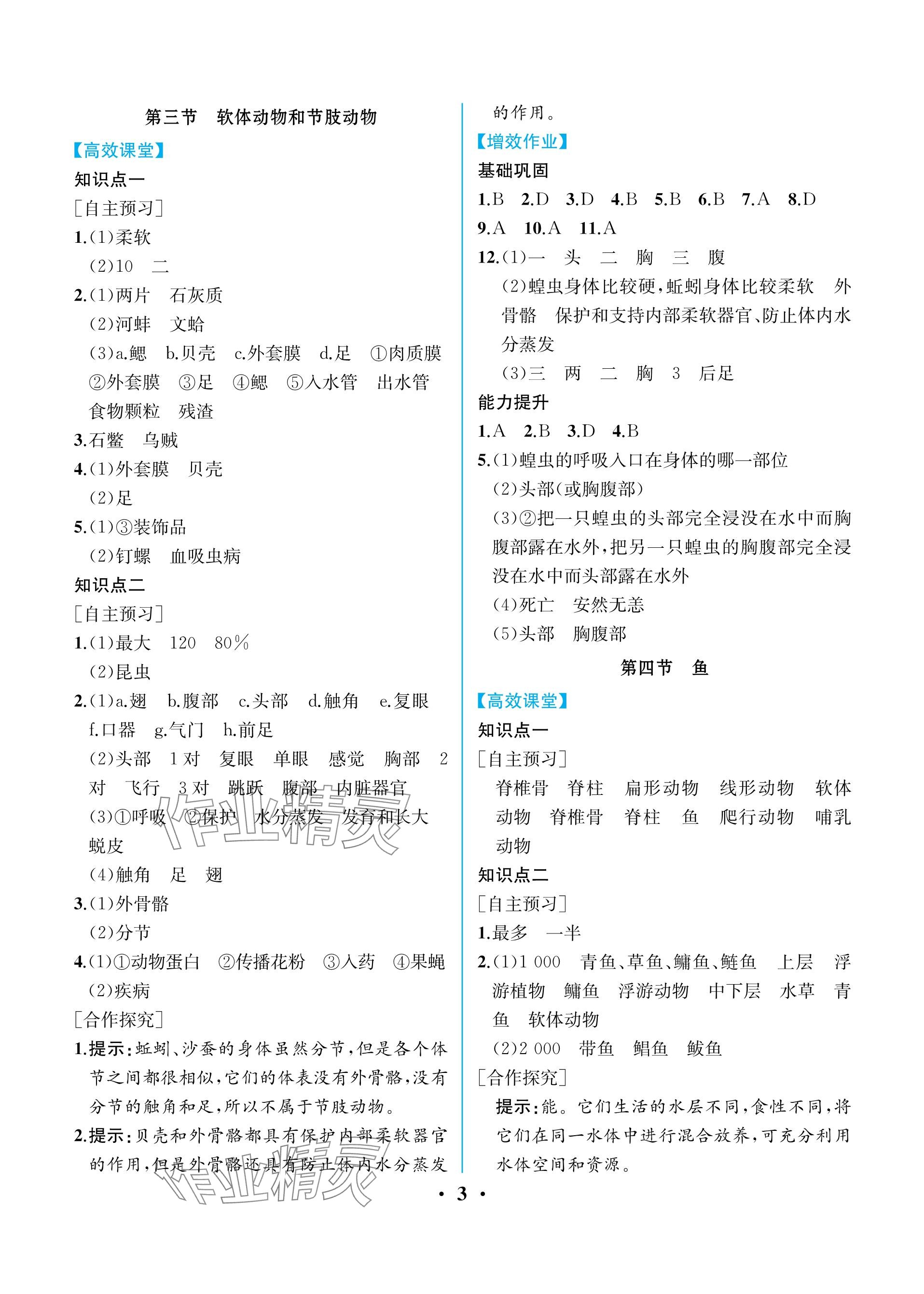 2023年人教金學典同步解析與測評八年級生物上冊人教版重慶專版 參考答案第3頁