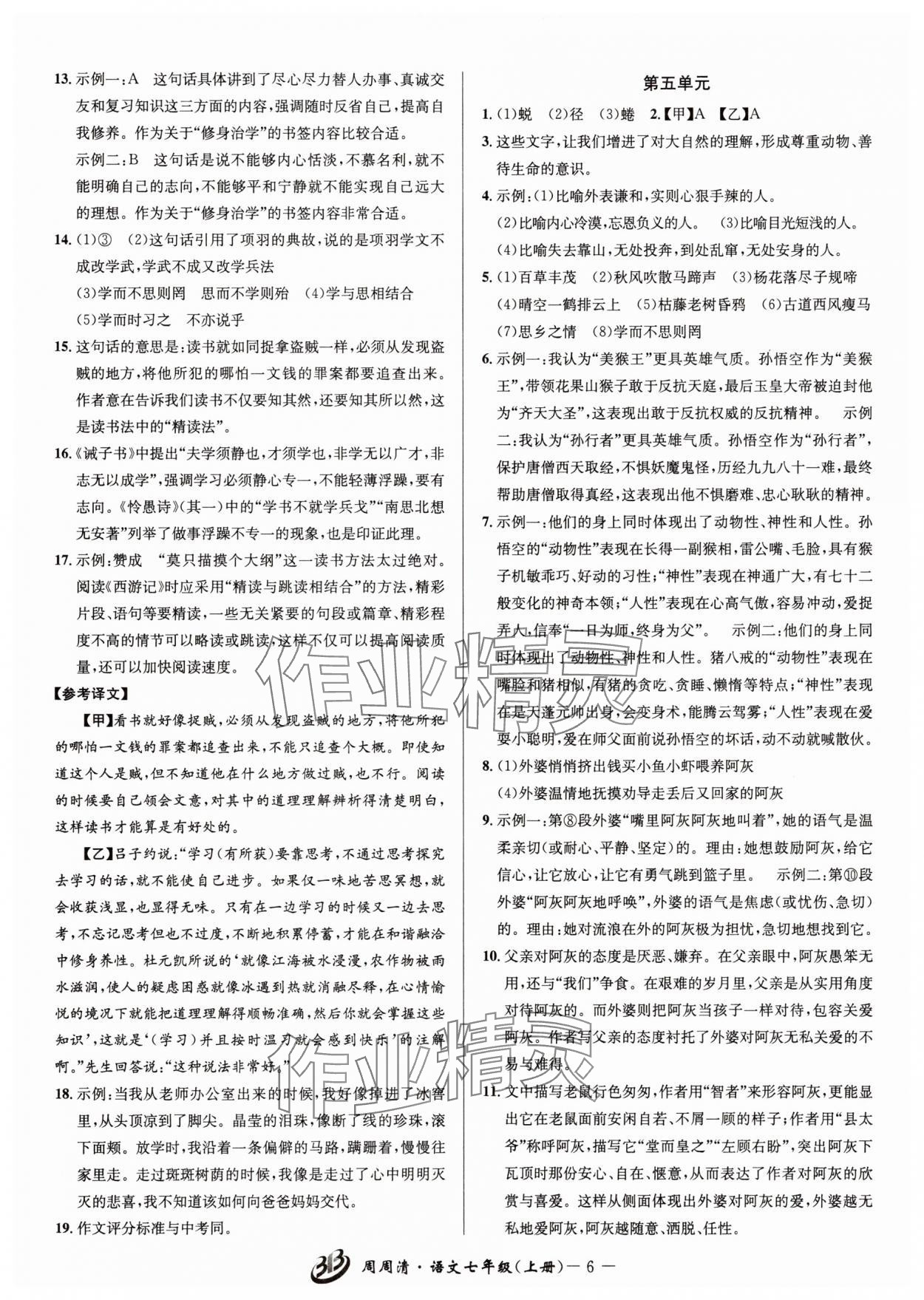 2025年周周清检测七年级语文上册人教版 参考答案第6页