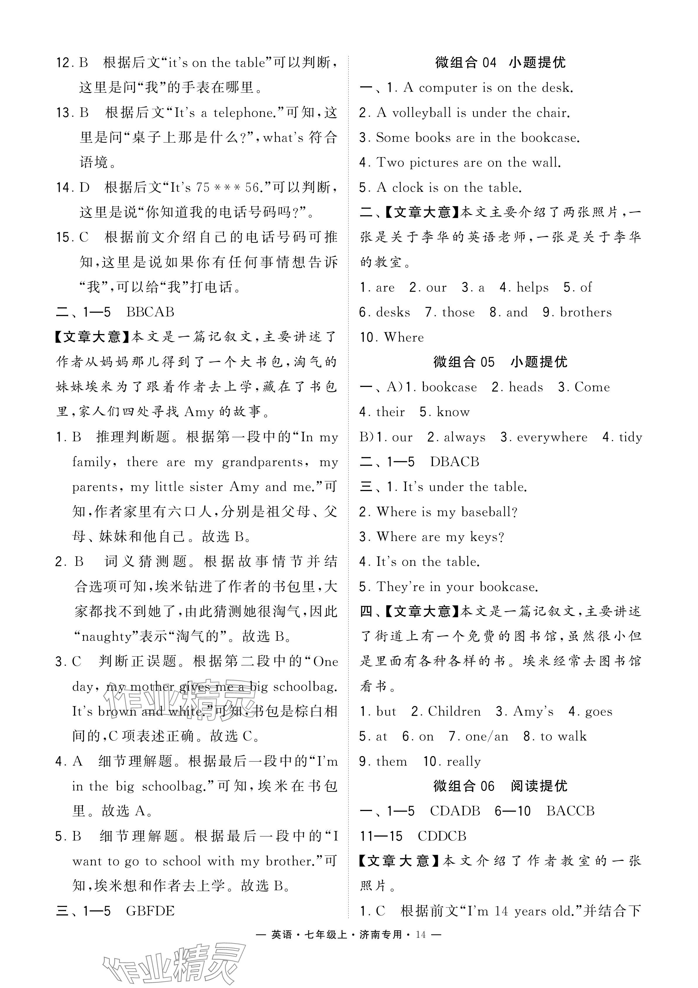 2024年学霸组合训练七年级英语上册人教版济南专版 参考答案第14页