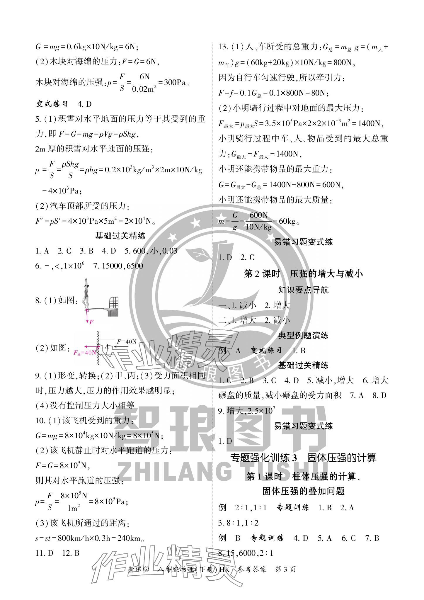 2024年启航新课堂八年级物理下册沪科版 参考答案第3页