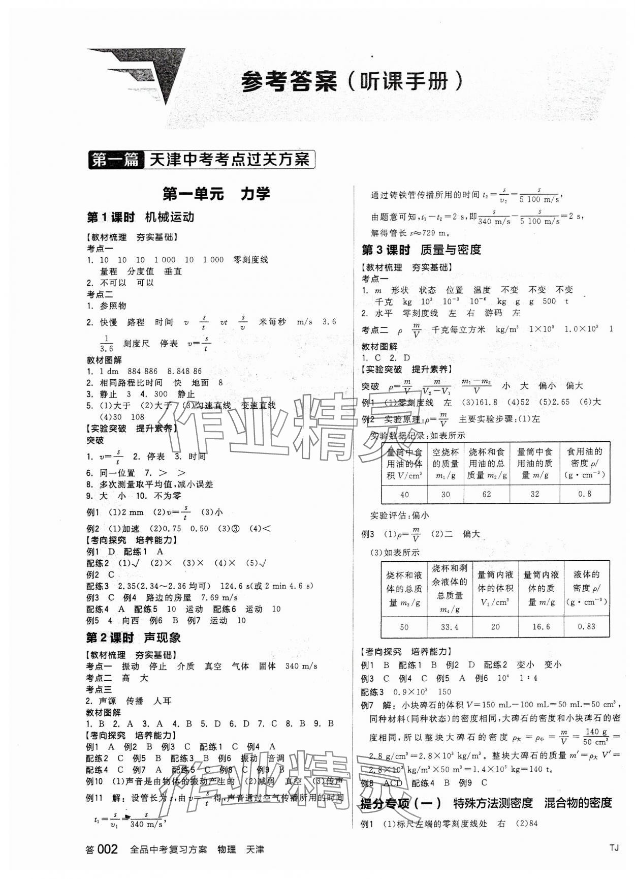 2024年全品中考復習方案物理天津專版 參考答案第1頁