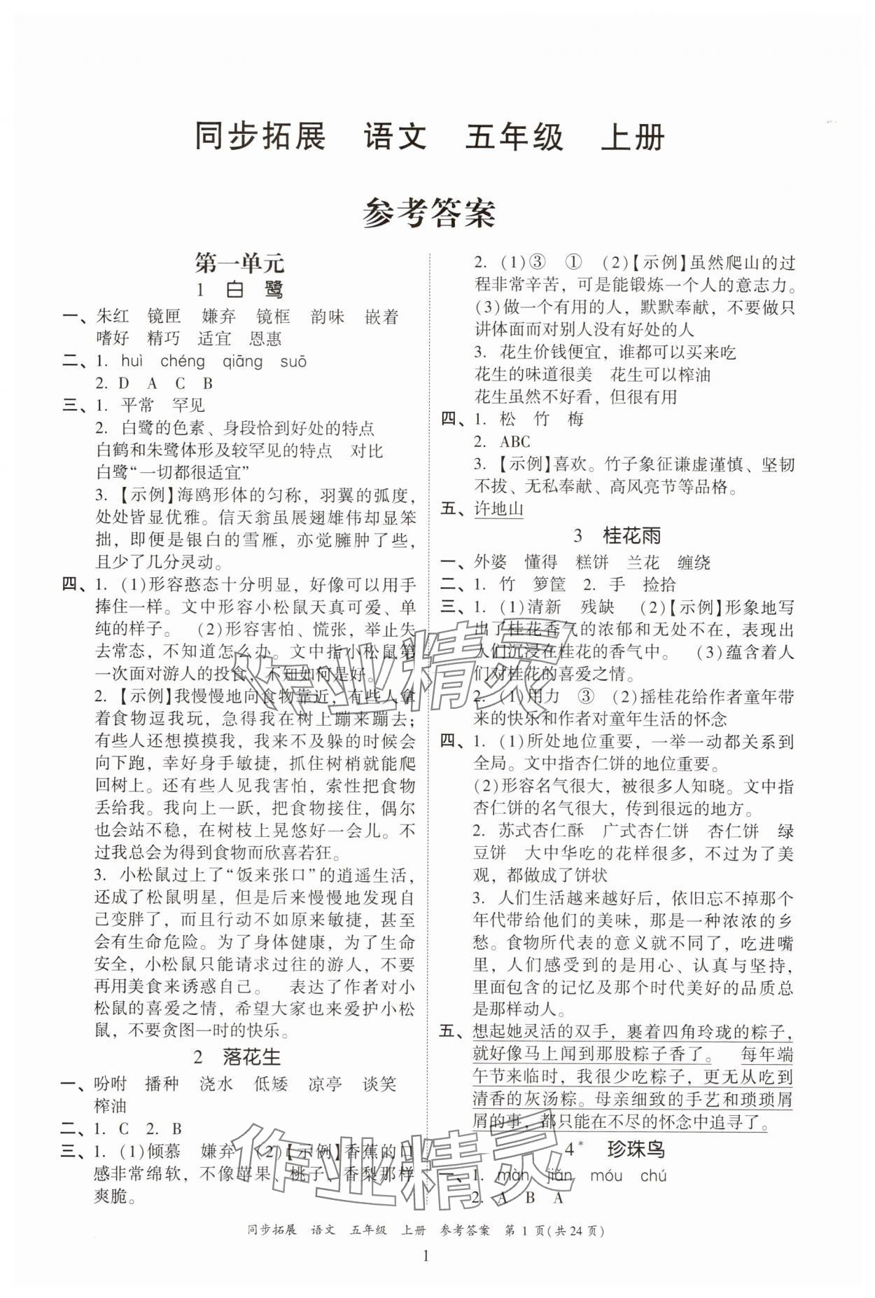 2025年同步拓展五年级语文上册人教版中山专版 第1页