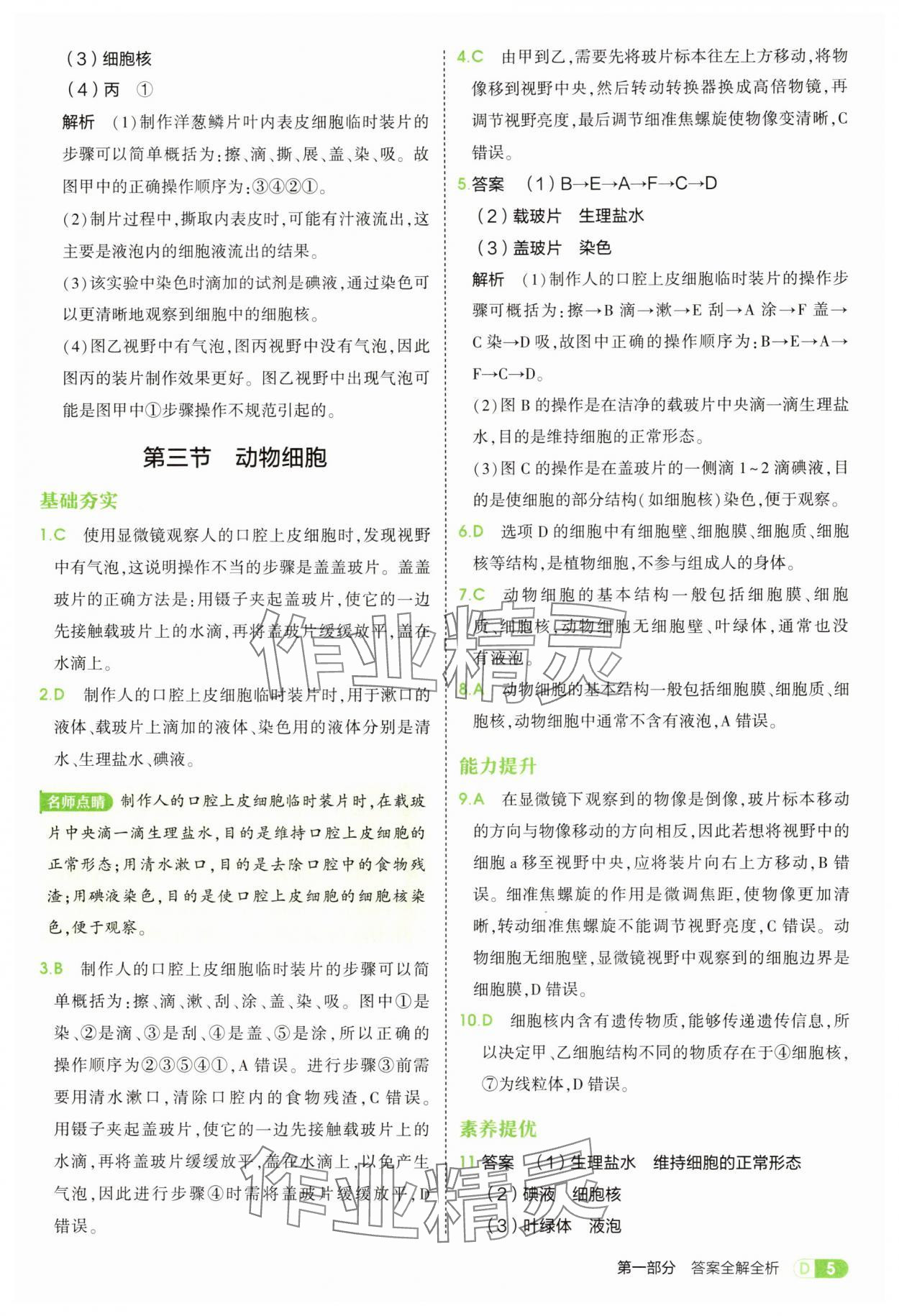 2025年5年中考3年模拟七年级生物上册人教版 参考答案第5页