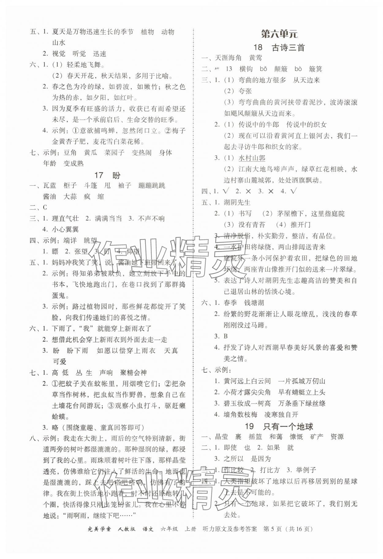 2025年完美学案六年级语文上册人教版 参考答案第5页