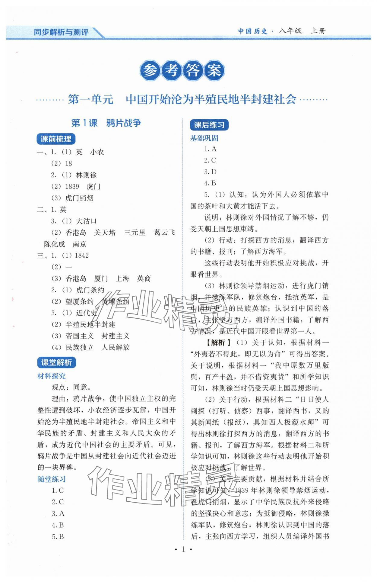 2025年人教金学典同步解析与测评八年级历史上册人教版 第1页