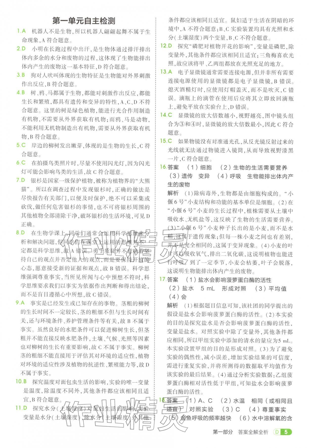 2025年5年中考3年模擬六年級生物上冊魯科版五四制 參考答案第5頁