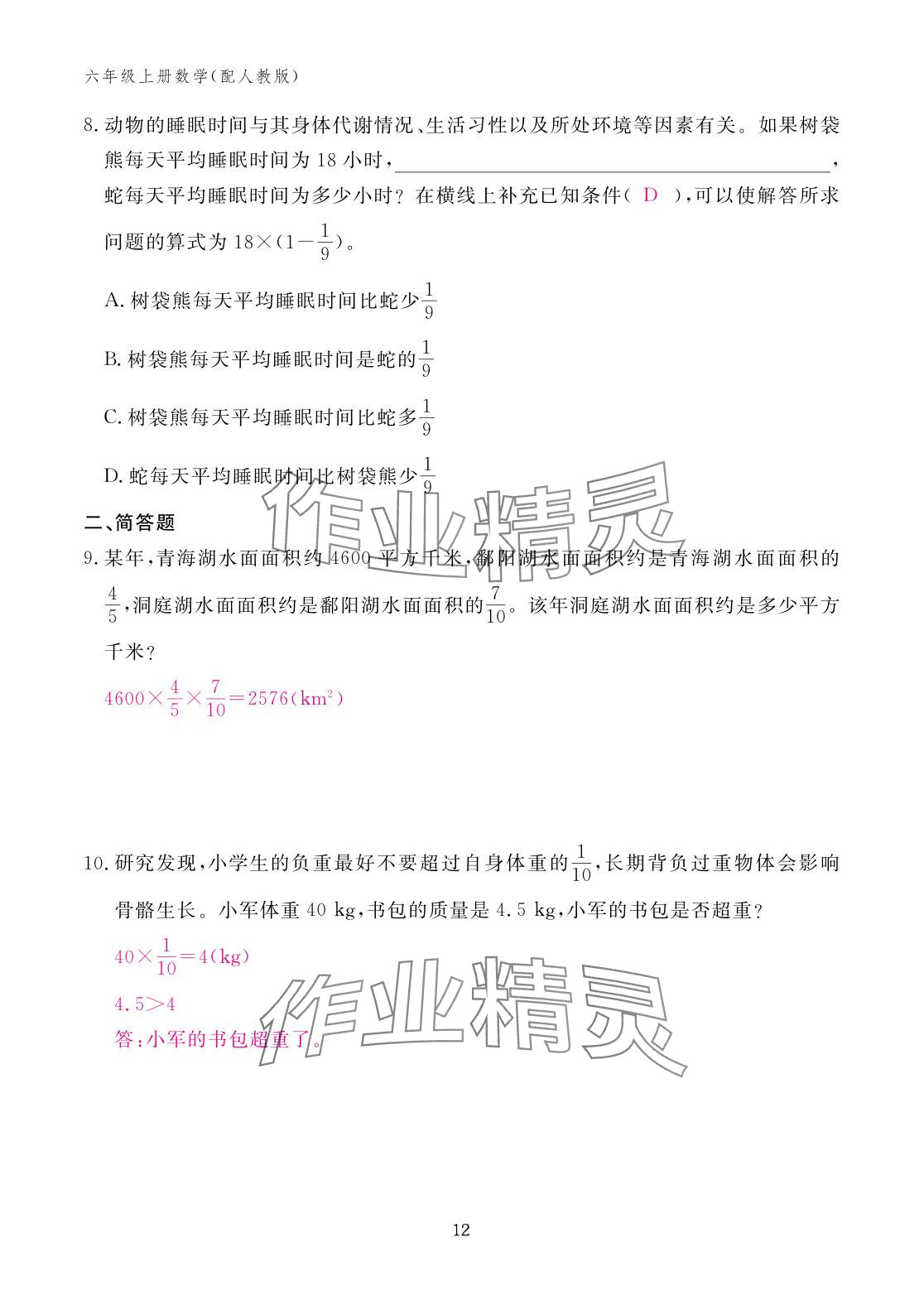 2025年作业本江西教育出版社六年级数学上册人教版 参考答案第12页