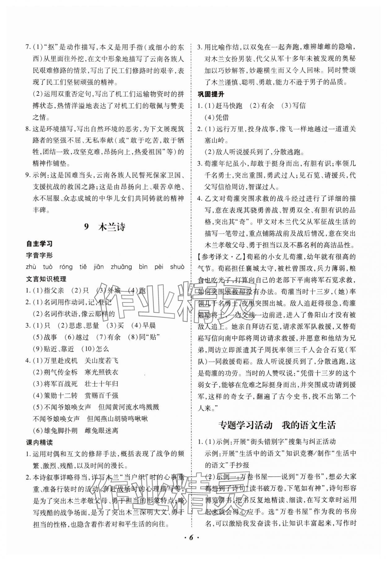 2025年本土攻略七年級(jí)語(yǔ)文下冊(cè)人教版云南專版 參考答案第6頁(yè)