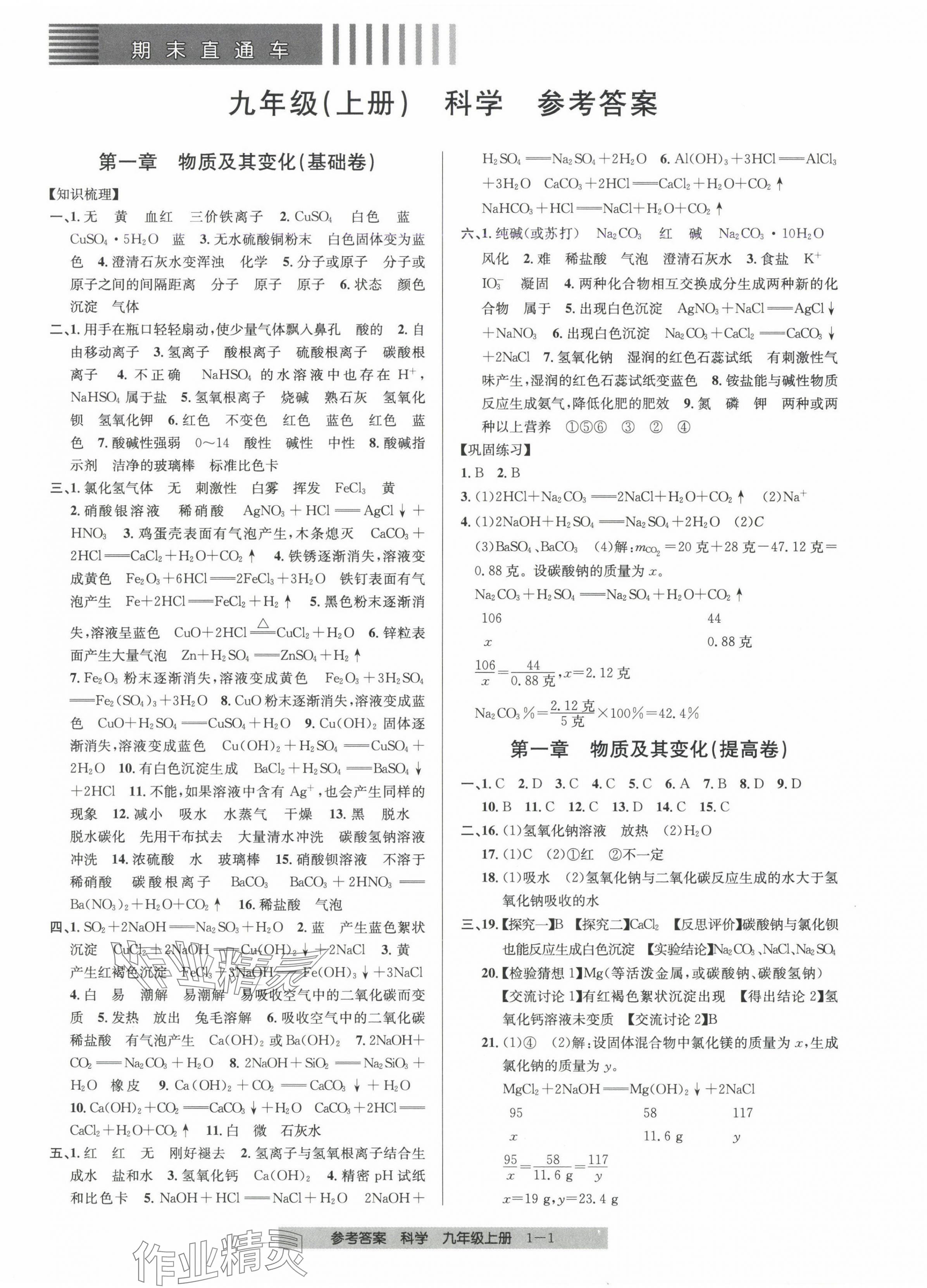 2024年期末直通車九年級(jí)科學(xué)上冊(cè)浙教版 第1頁