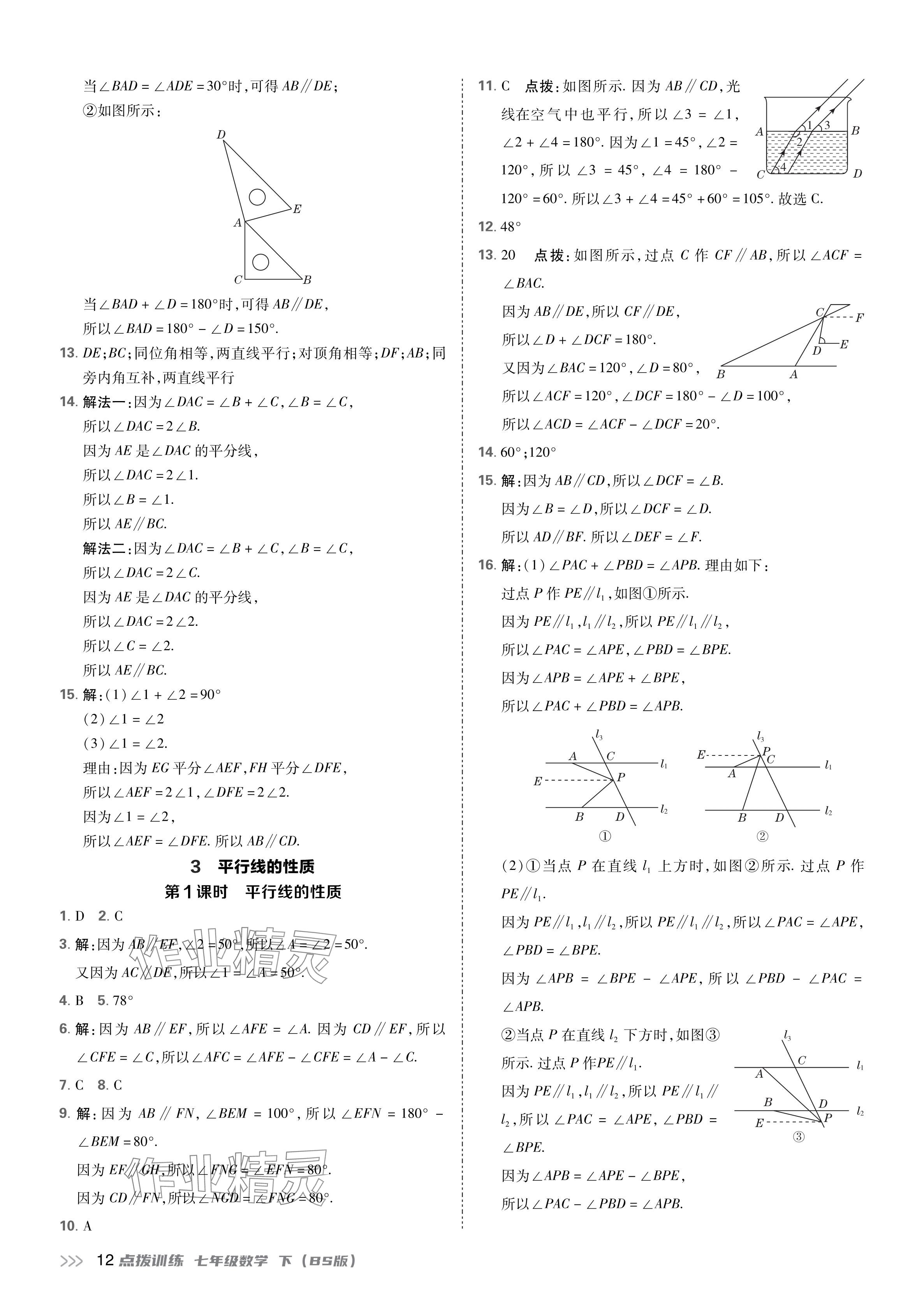 2024年點(diǎn)撥訓(xùn)練七年級(jí)數(shù)學(xué)下冊(cè)北師大版 參考答案第12頁(yè)