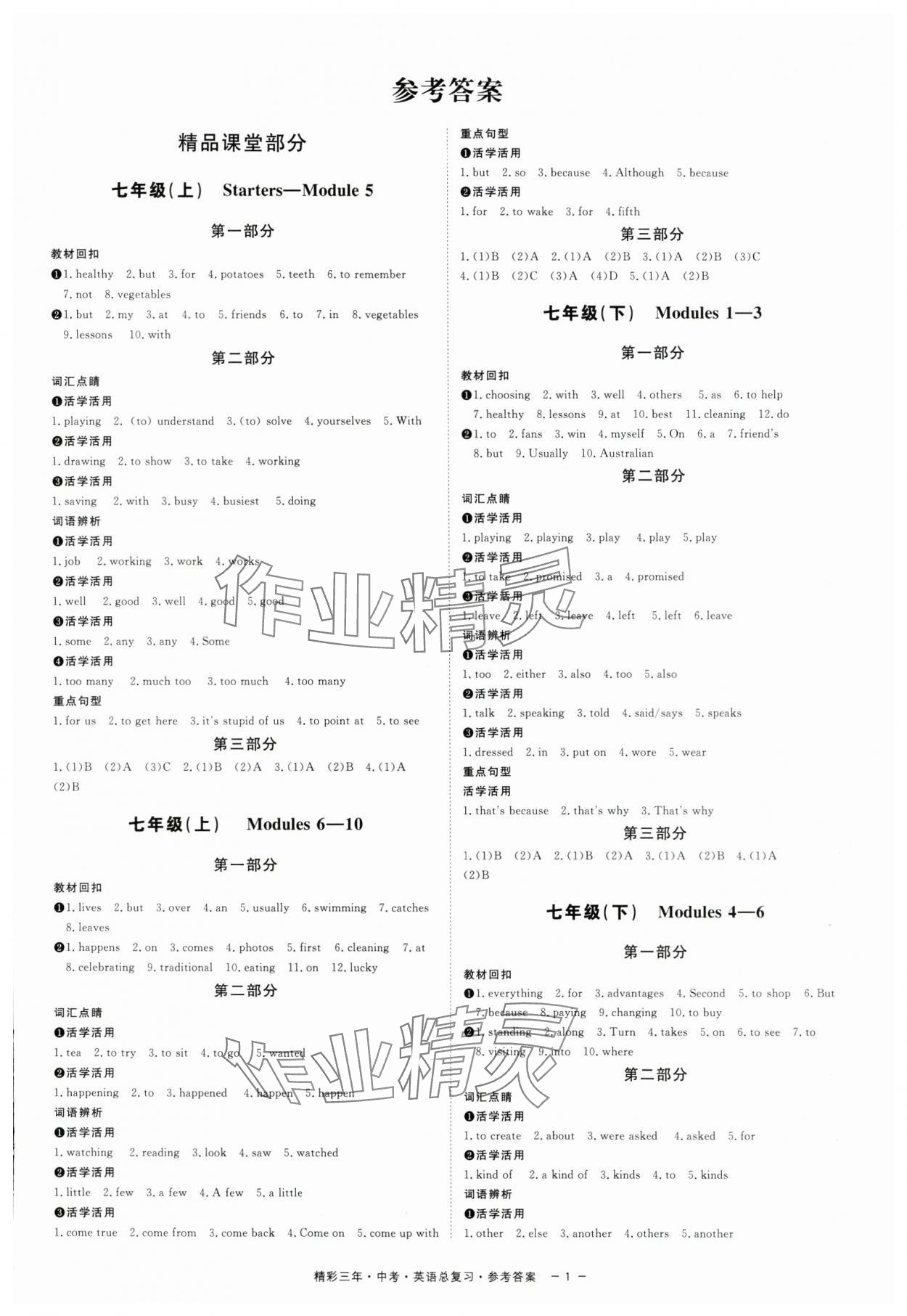 2024年精彩三年中考英语外研版 参考答案第1页