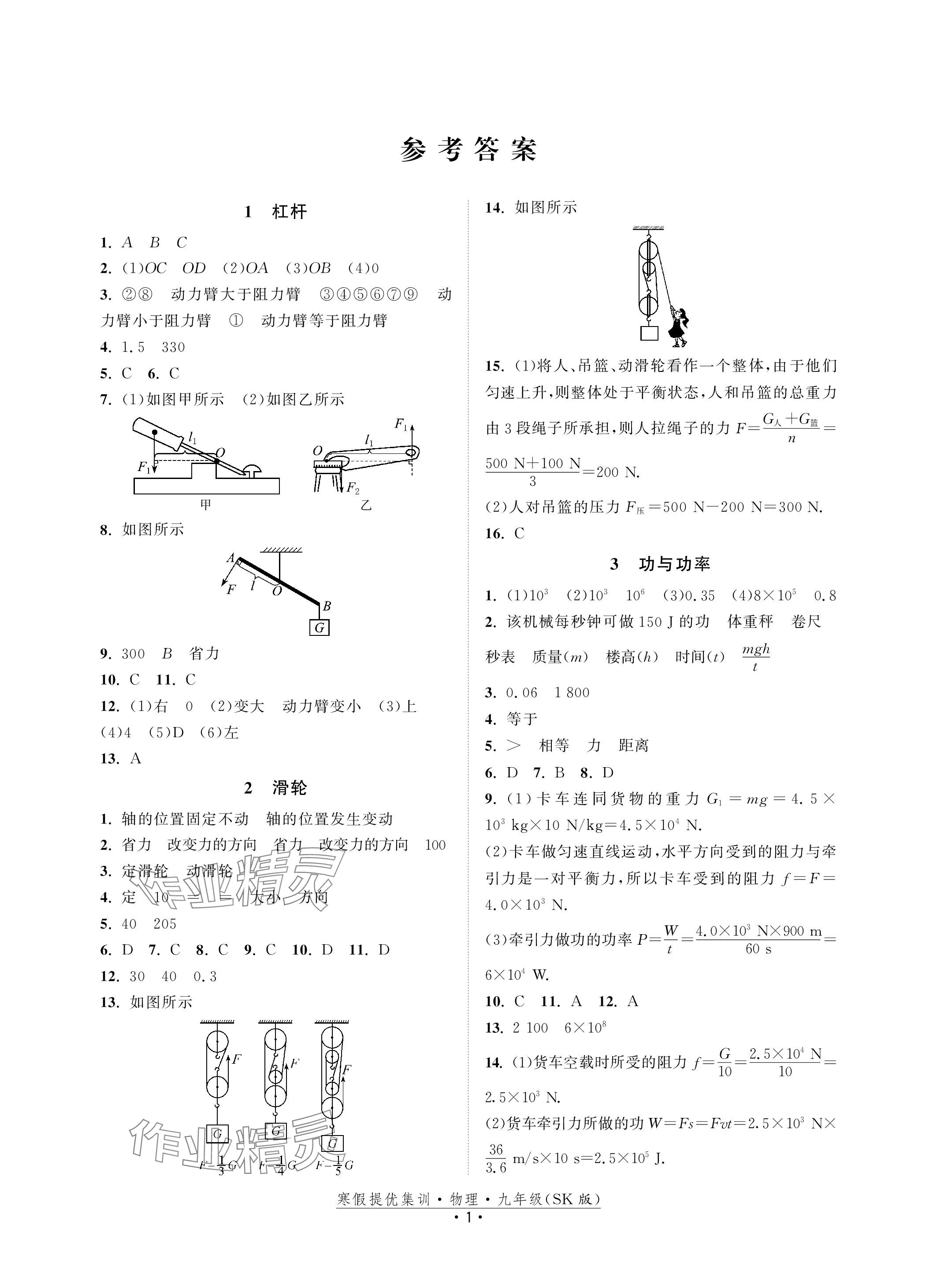 2024年寒假提優(yōu)集訓(xùn)20天九年級(jí)物理蘇科版 參考答案第1頁