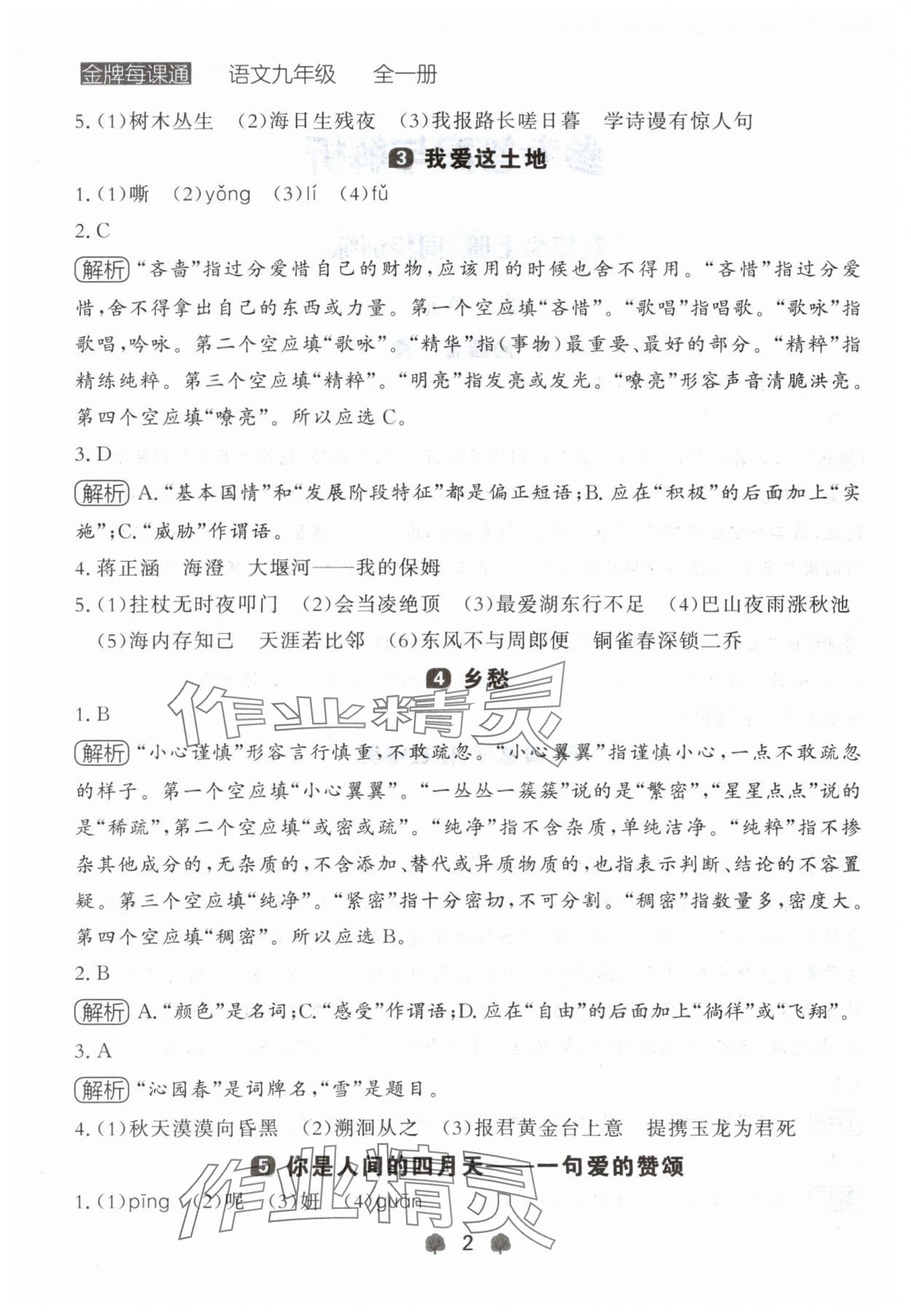 2024年點(diǎn)石成金金牌每課通九年級(jí)語文全一冊(cè)人教版遼寧專版 參考答案第2頁