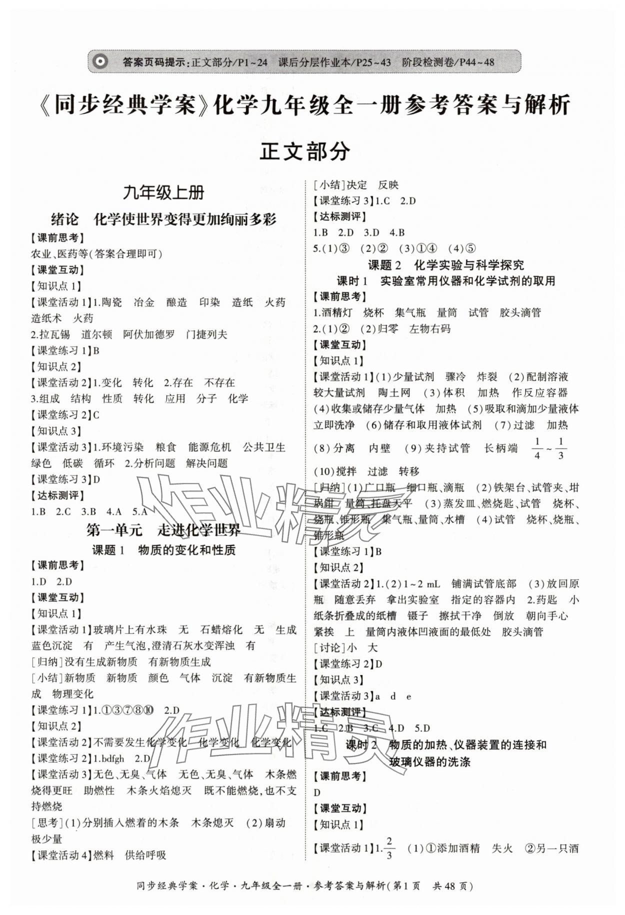 2025年同步经典学案九年级化学全一册人教版 第1页
