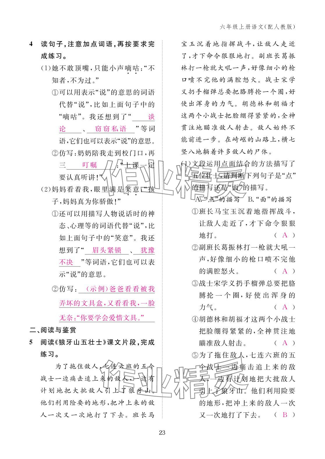 2025年作业本江西教育出版社六年级语文上册人教版 参考答案第23页