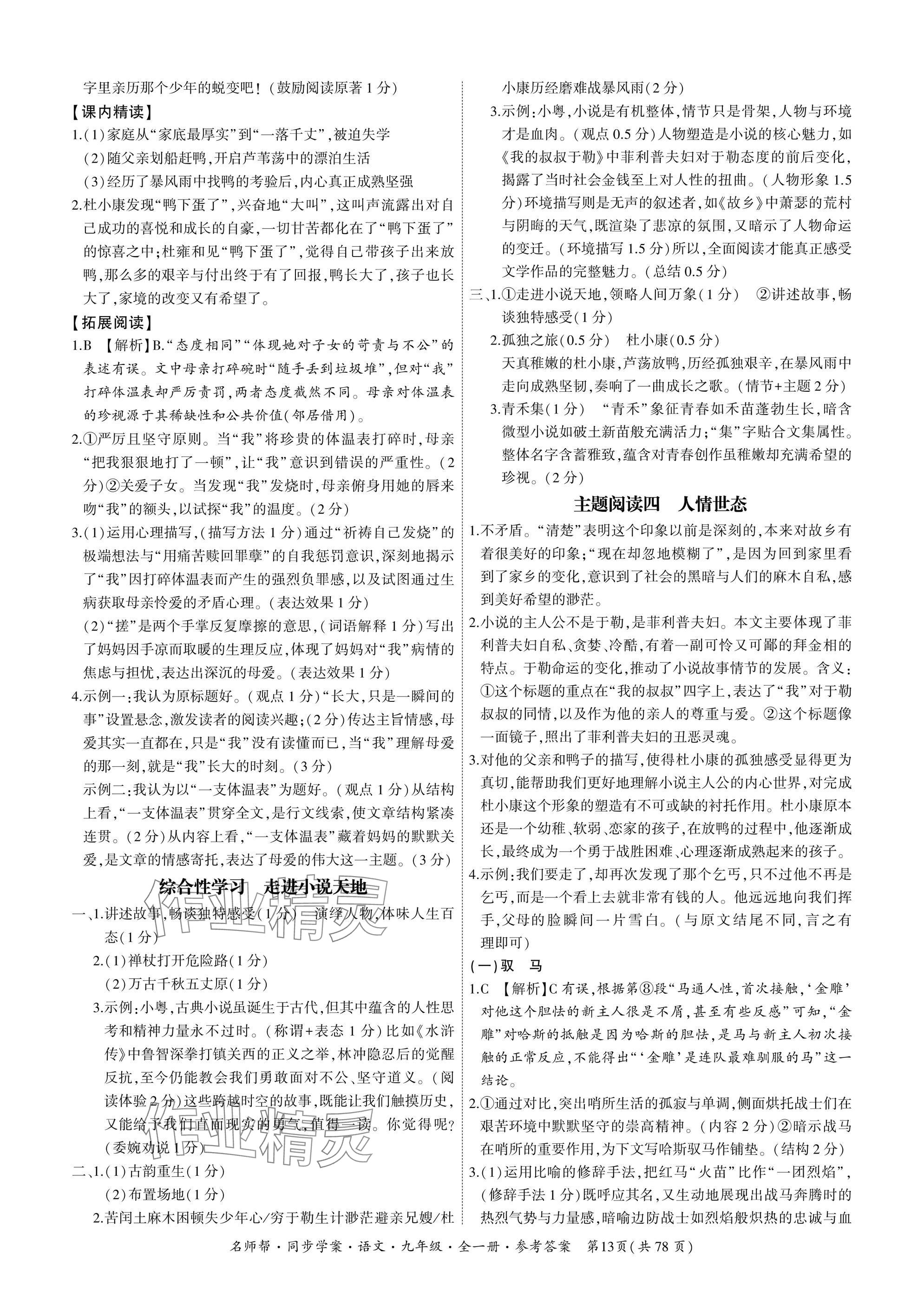 2025年名師幫同步學案九年級語文全一冊人教版 參考答案第13頁