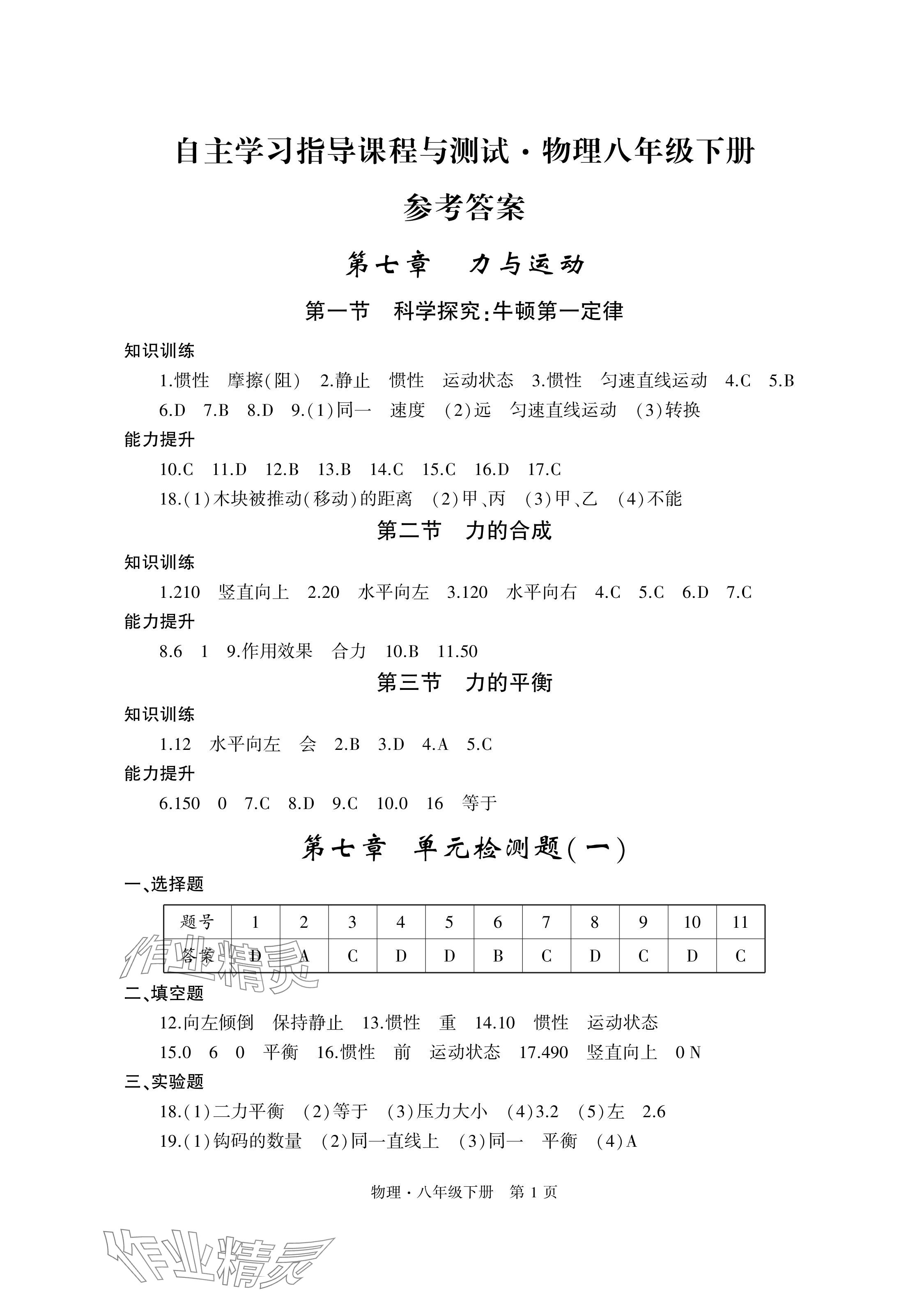 2024年自主學習指導課程與測試八年級物理下冊滬科版 參考答案第1頁