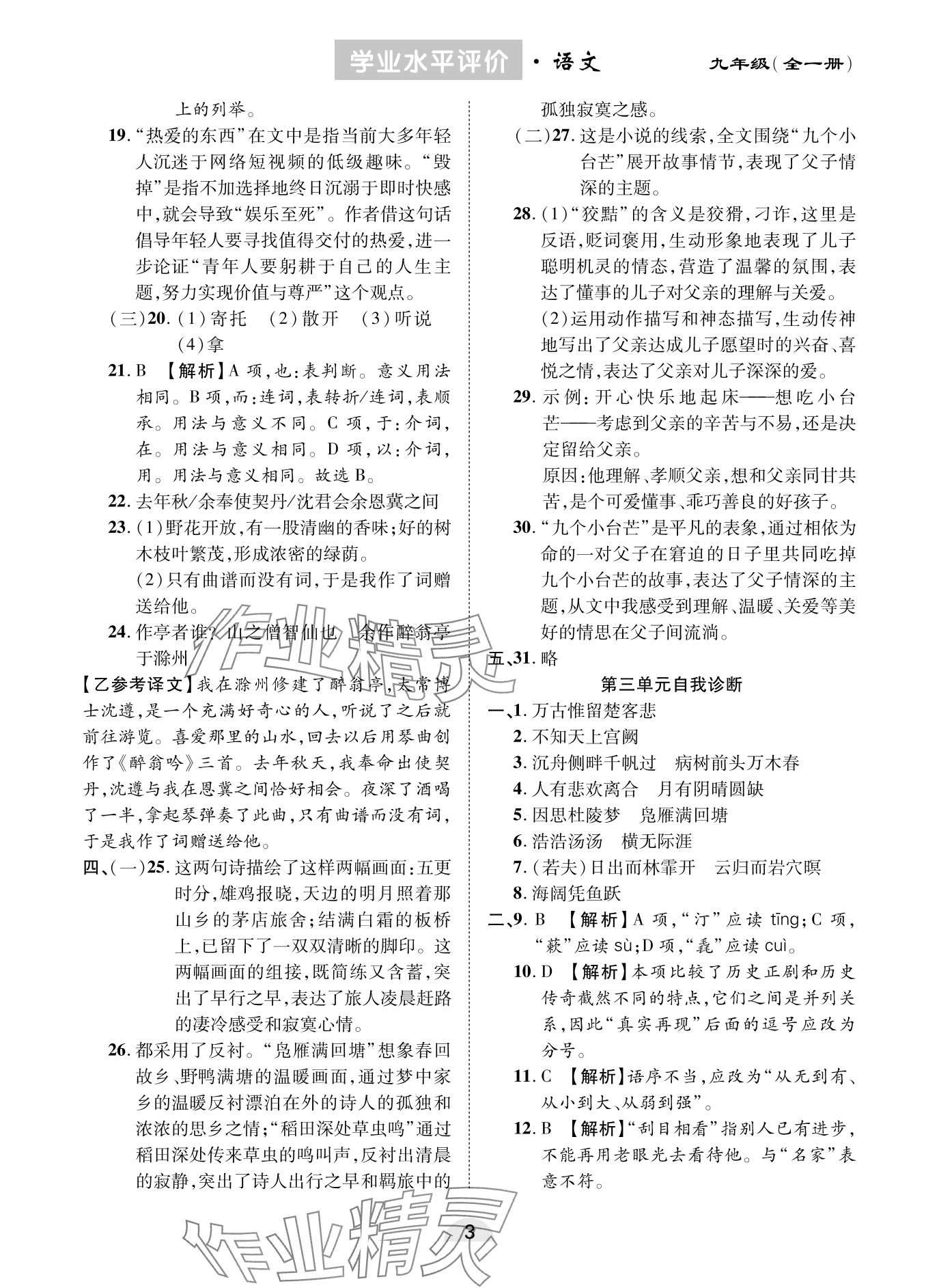 2023年學業水平評價同步檢測卷九年級語文全一冊人教版 參考答案第3頁