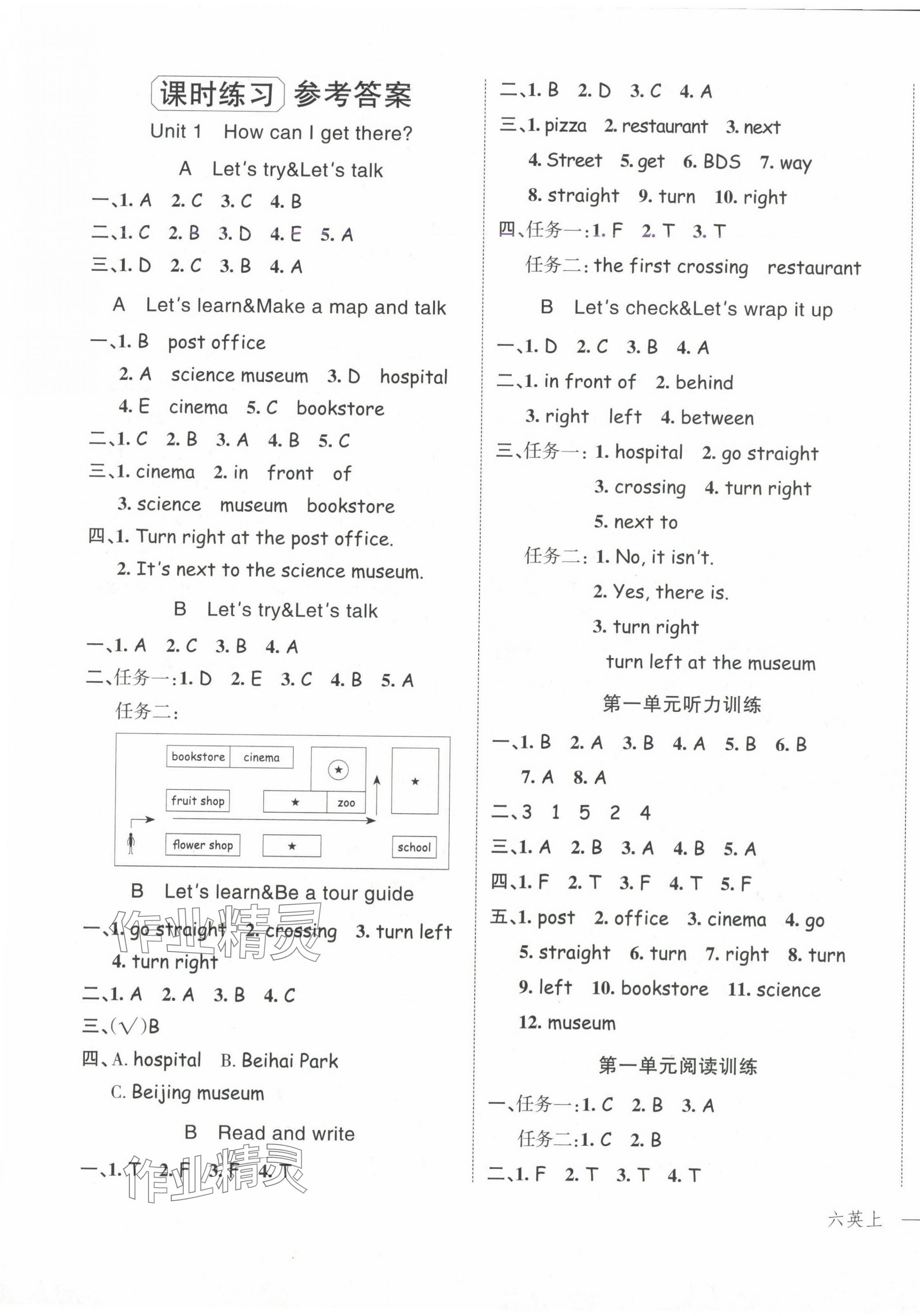 2024年名師面對面先學后練六年級英語上冊人教版 參考答案第1頁