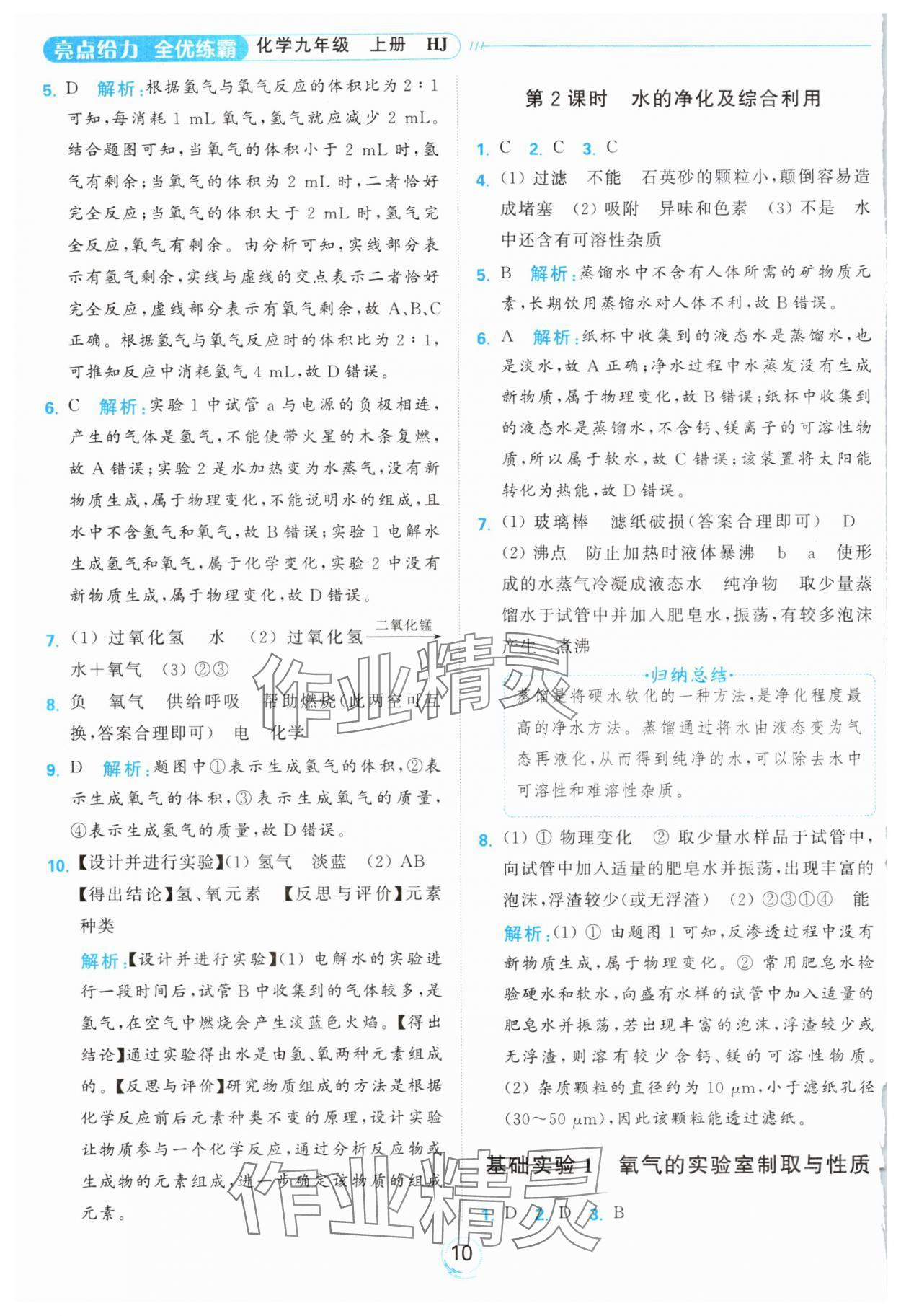 2024年亮點(diǎn)給力全優(yōu)練霸九年級化學(xué)上冊滬教版 參考答案第10頁