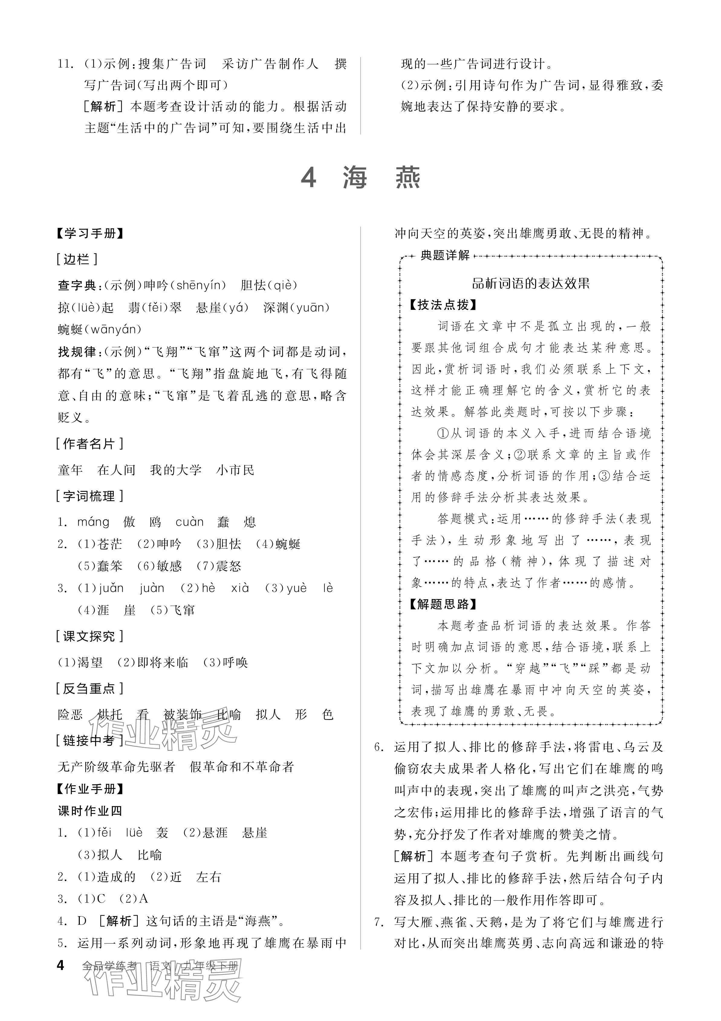 2024年全品学练考九年级语文下册人教版 参考答案第4页