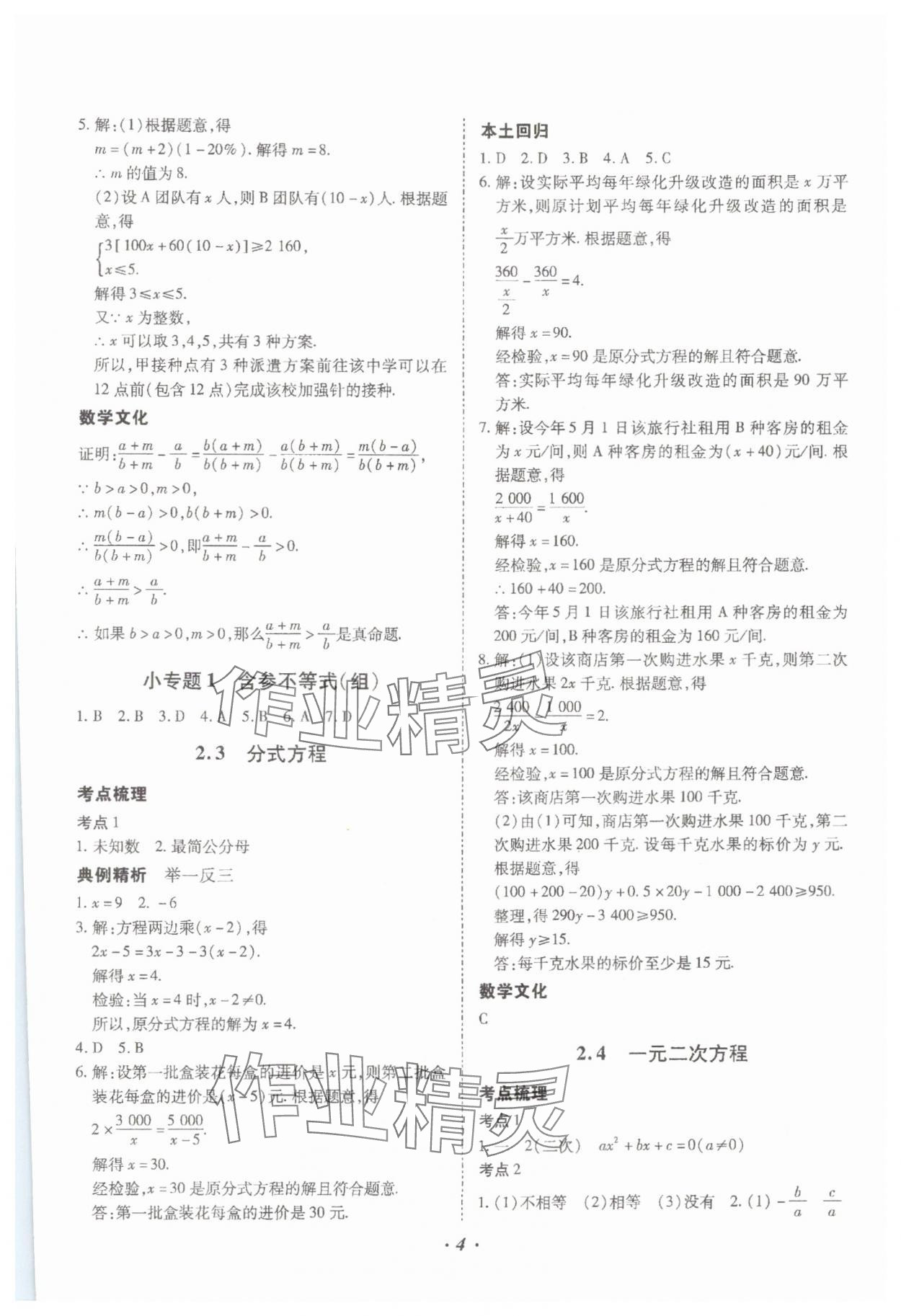 2024年本土攻略精準(zhǔn)復(fù)習(xí)方案數(shù)學(xué)中考云南專版 參考答案第4頁