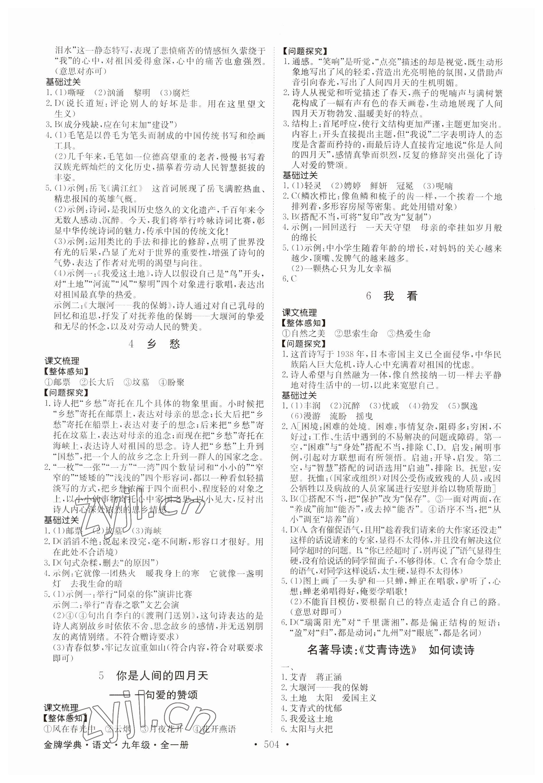 2023年金牌学典九年级语文全一册人教版 参考答案第2页