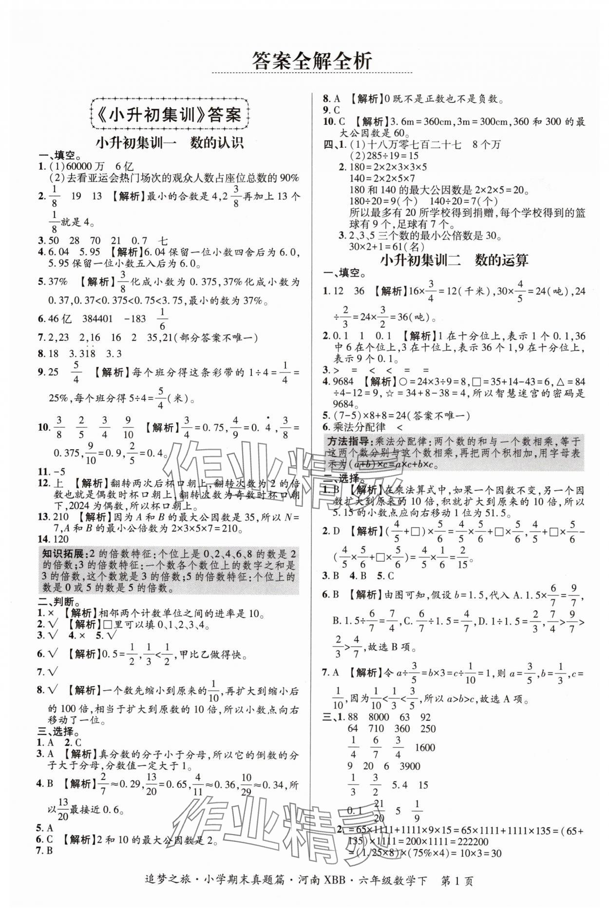 2024年追夢之旅小學(xué)期末真題篇六年級(jí)數(shù)學(xué)下冊(cè)北師大版河南專版 參考答案第1頁