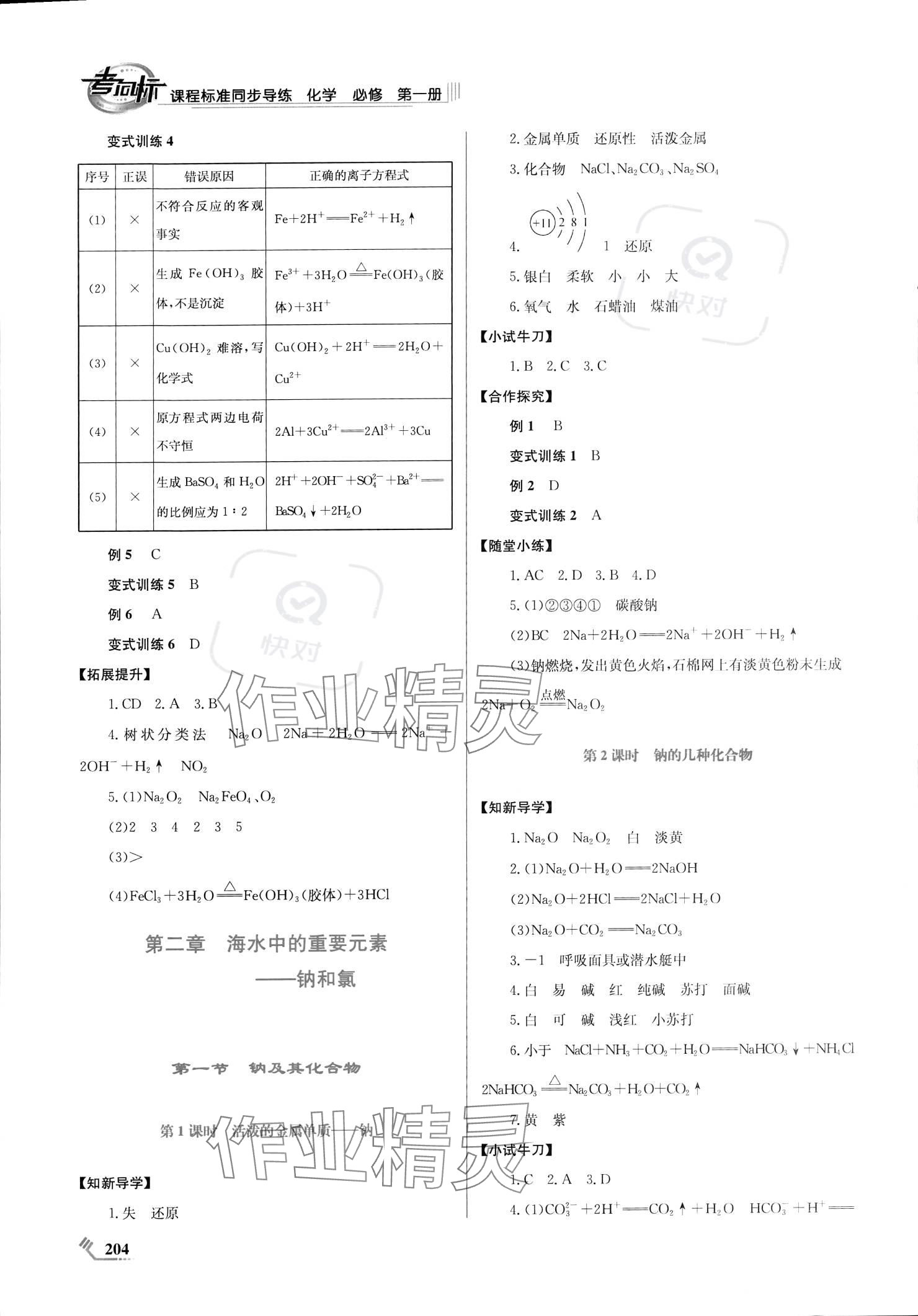 2023年课程标准同步导练高中化学上册人教版 参考答案第4页