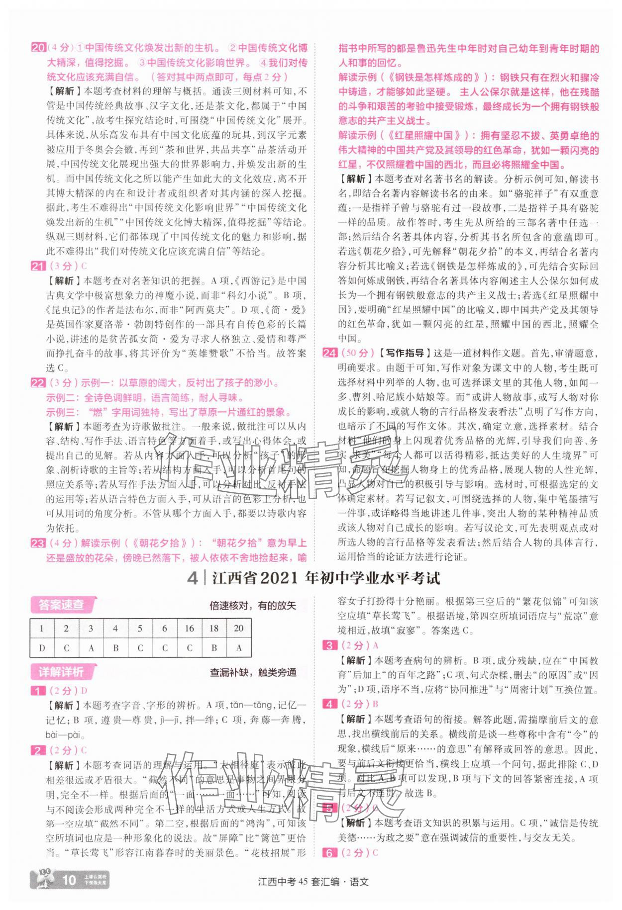 2025年金考卷中考45套汇编语文江西专版 参考答案第10页