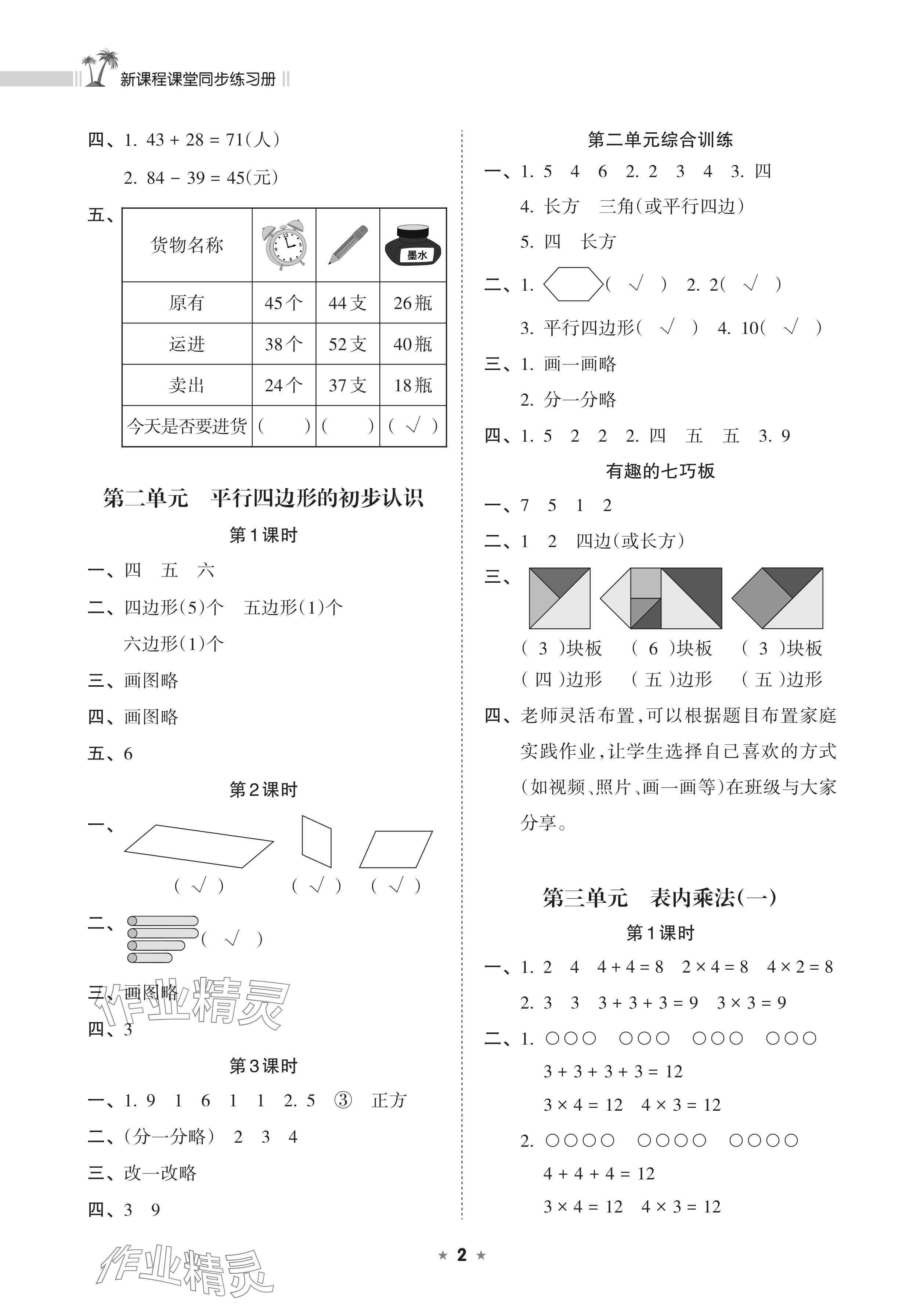 2024年新課程課堂同步練習(xí)冊二年級數(shù)學(xué)上冊蘇教版 參考答案第2頁