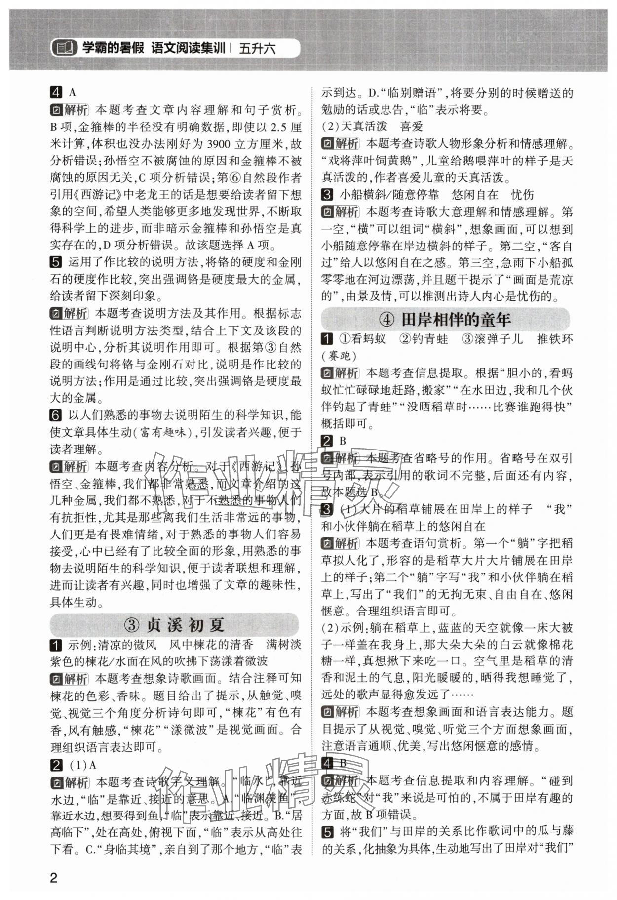 2024年学霸的暑假阅读集训五升六语文 参考答案第2页