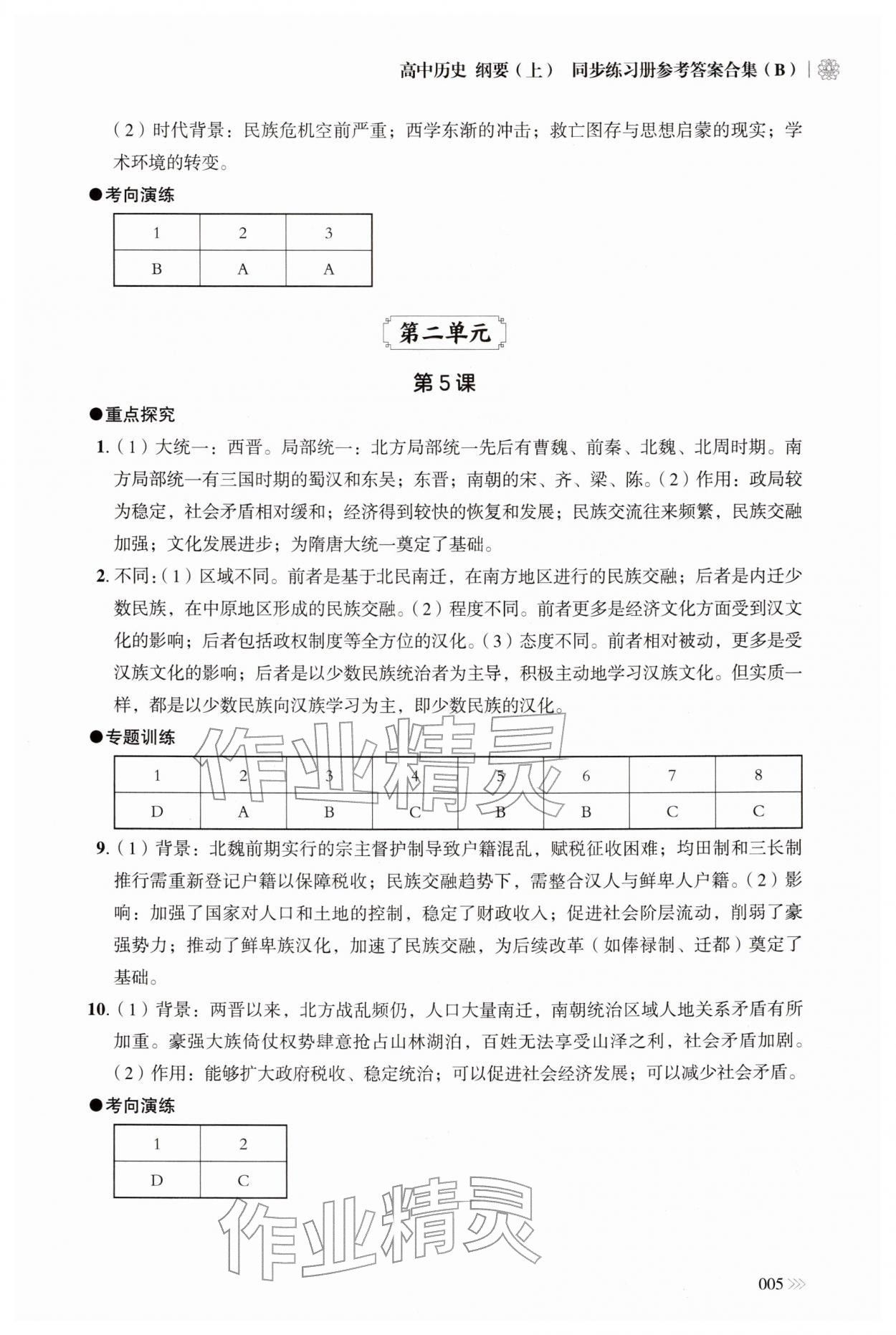 2025年同步练习册岳麓书社高中历史必修上册人教版B 参考答案第5页