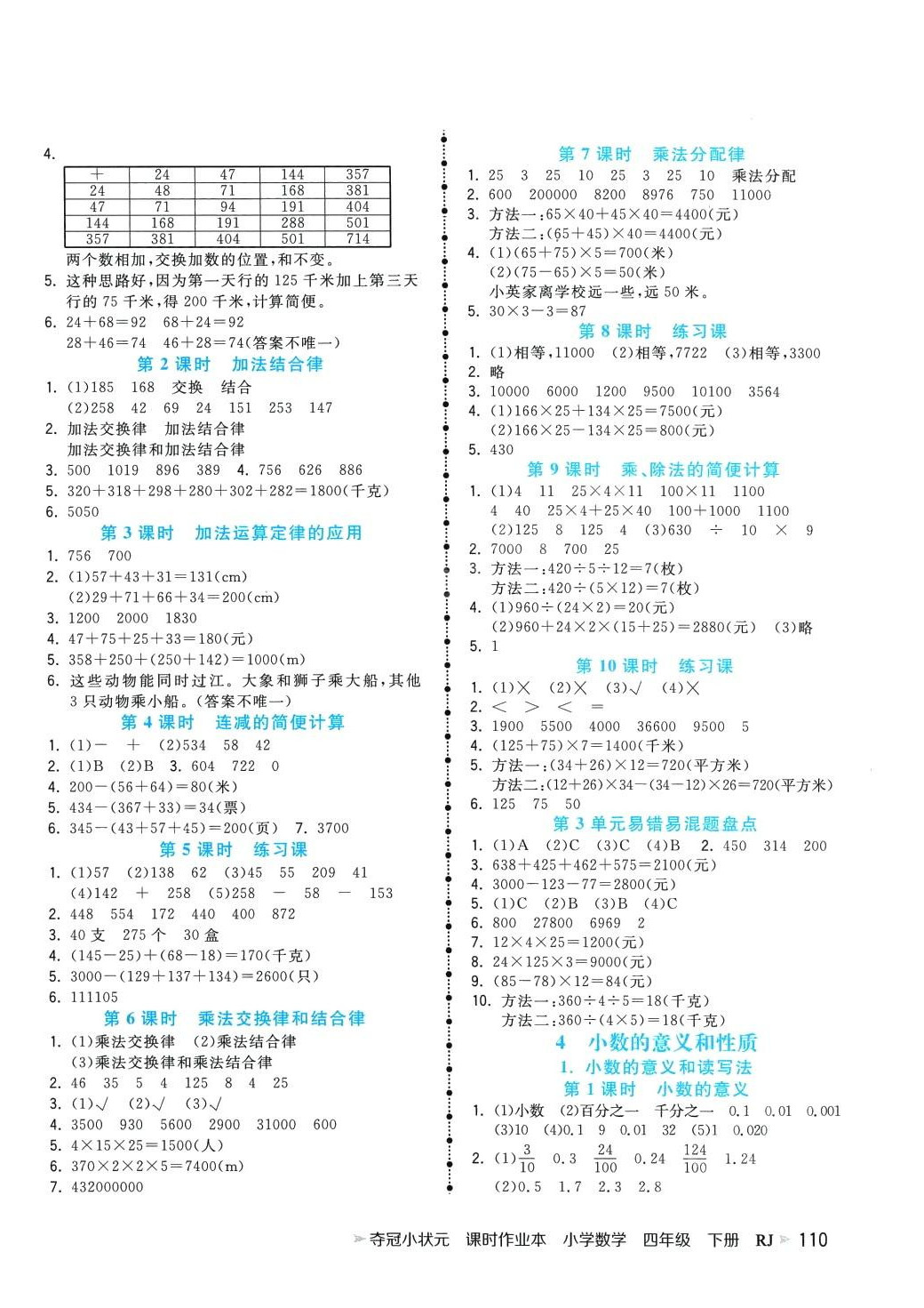 2024年奪冠小狀元課時(shí)作業(yè)本四年級(jí)數(shù)學(xué)下冊人教版 第2頁