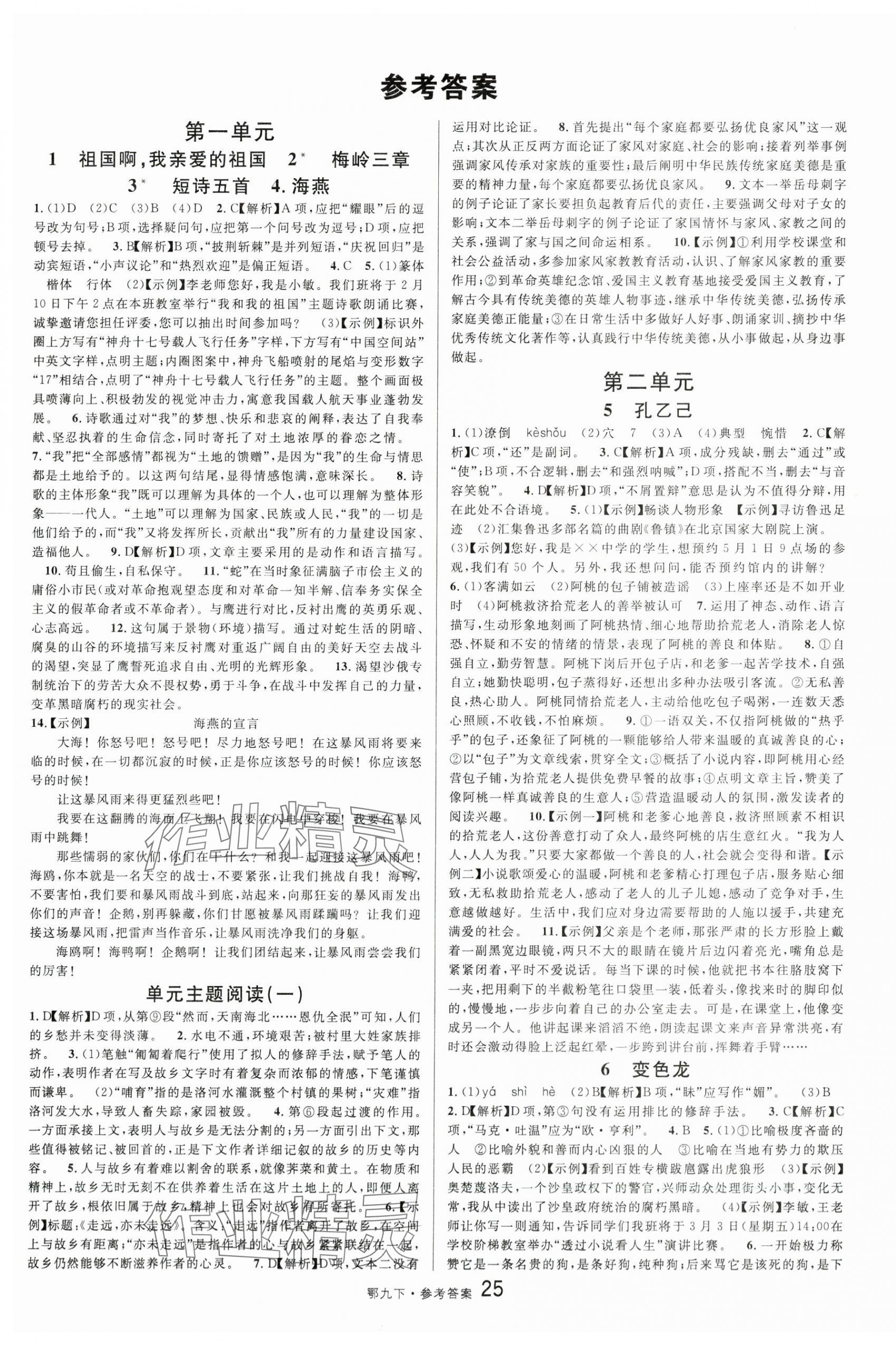 2024年名校課堂九年級語文下冊人教版湖北專版 第1頁