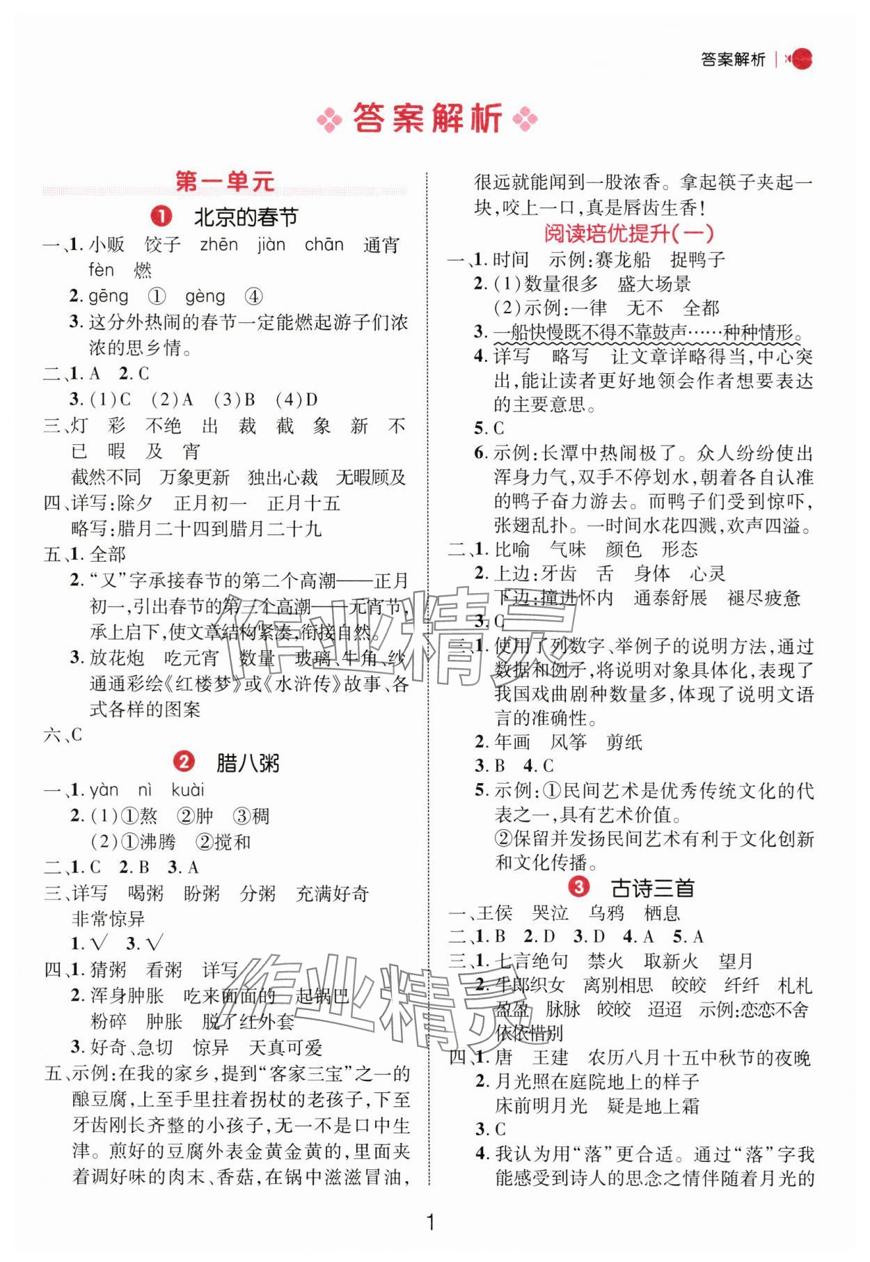 2025年細(xì)解巧練六年級語文下冊人教版 參考答案第1頁