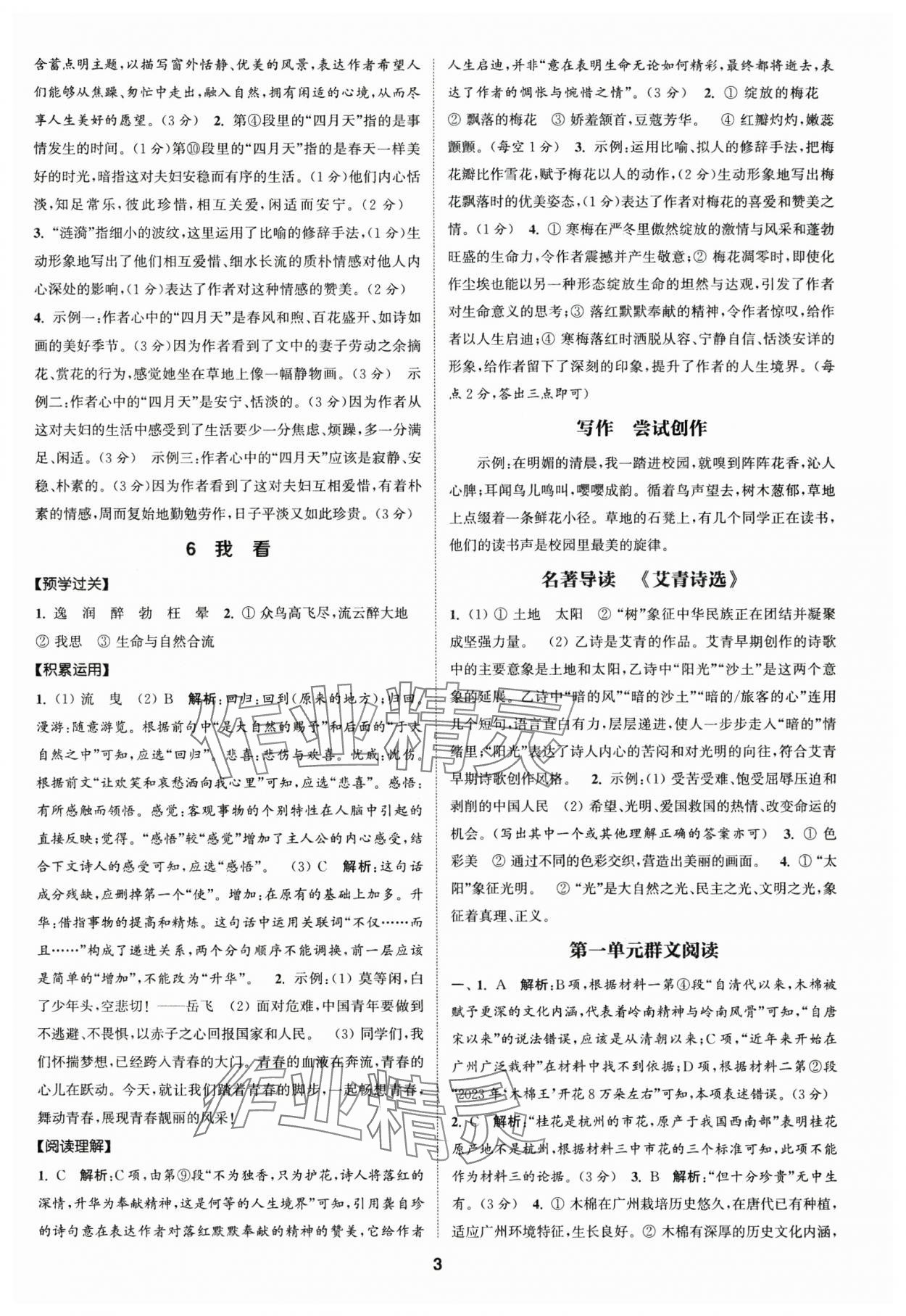 2024年通成學(xué)典課時作業(yè)本九年級語文上冊人教版廣州專版 參考答案第3頁