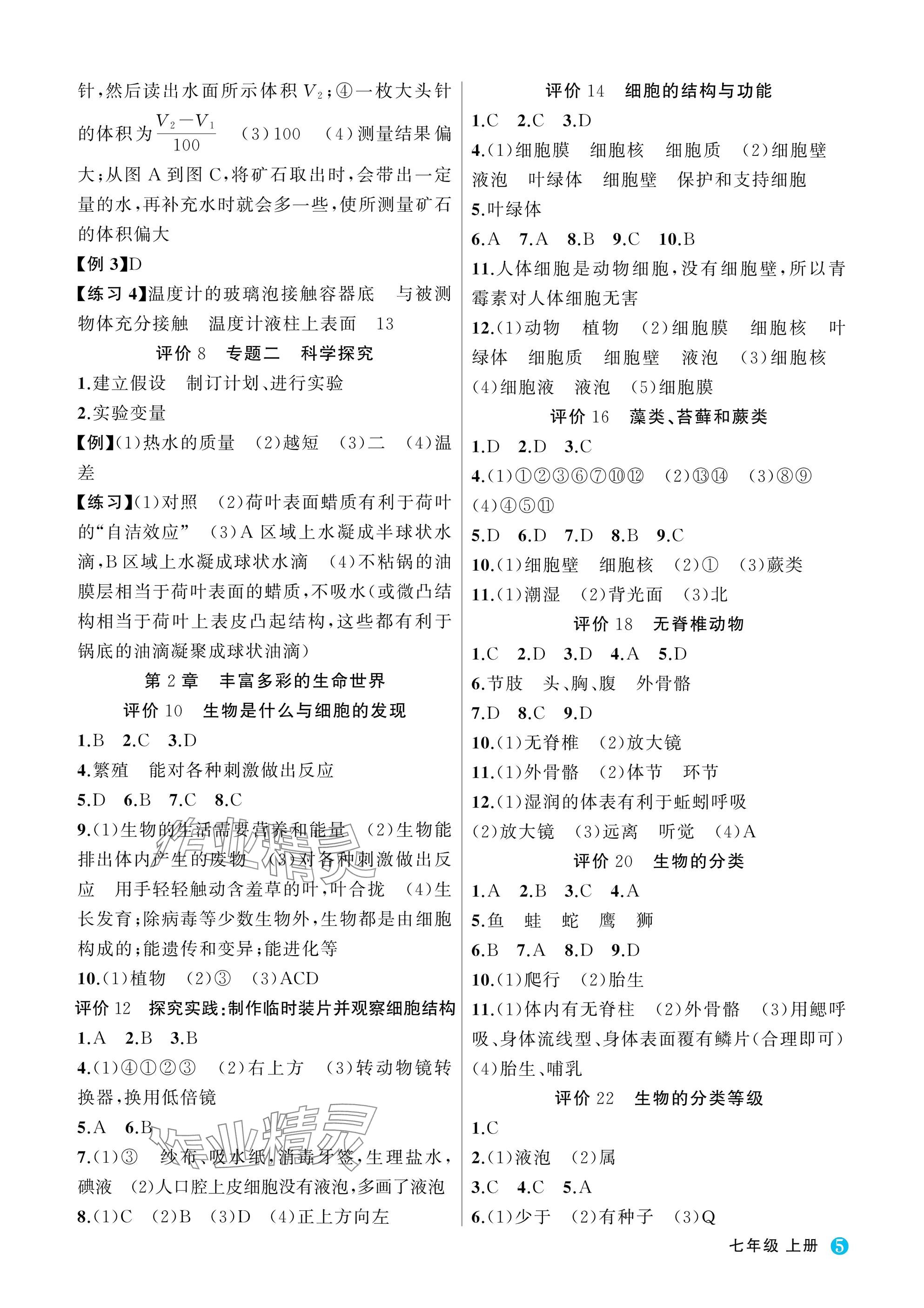 2025年名师面对面学科素养评价七年级科学上册浙教版&nbsp;参考答案第5页