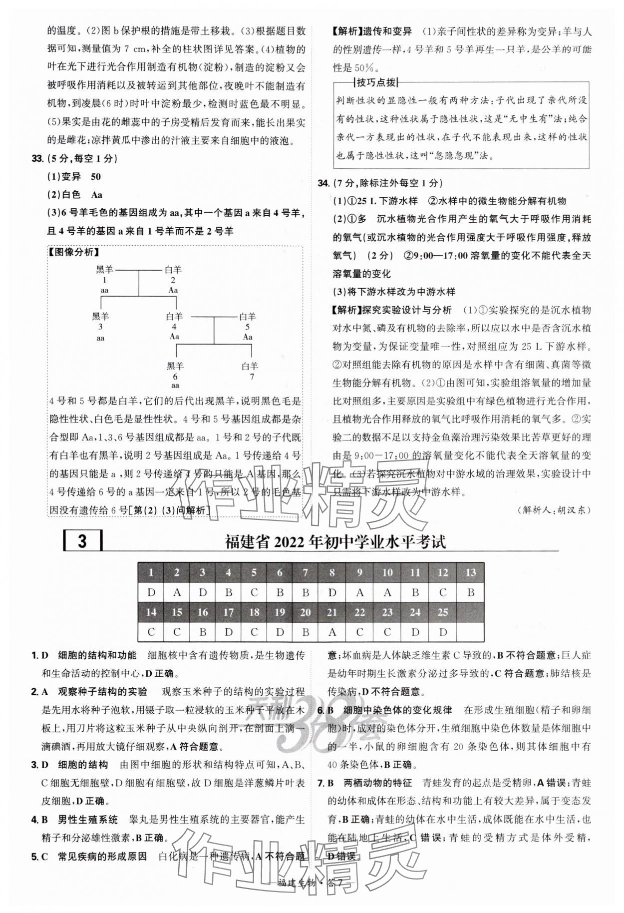 2025年天利38套中考試題精選生物中考福建專版 參考答案第7頁