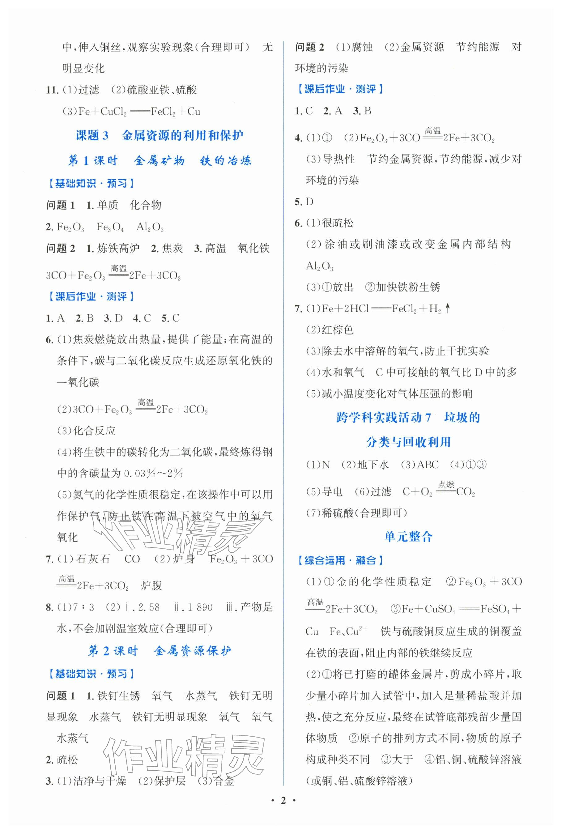 2026年阳光课堂金牌练习册九年级化学下册人教版精编版 参考答案第2页