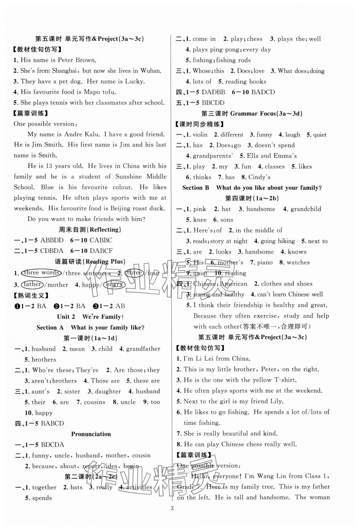 2024年课时夺冠七年级英语上册人教版 参考答案第3页