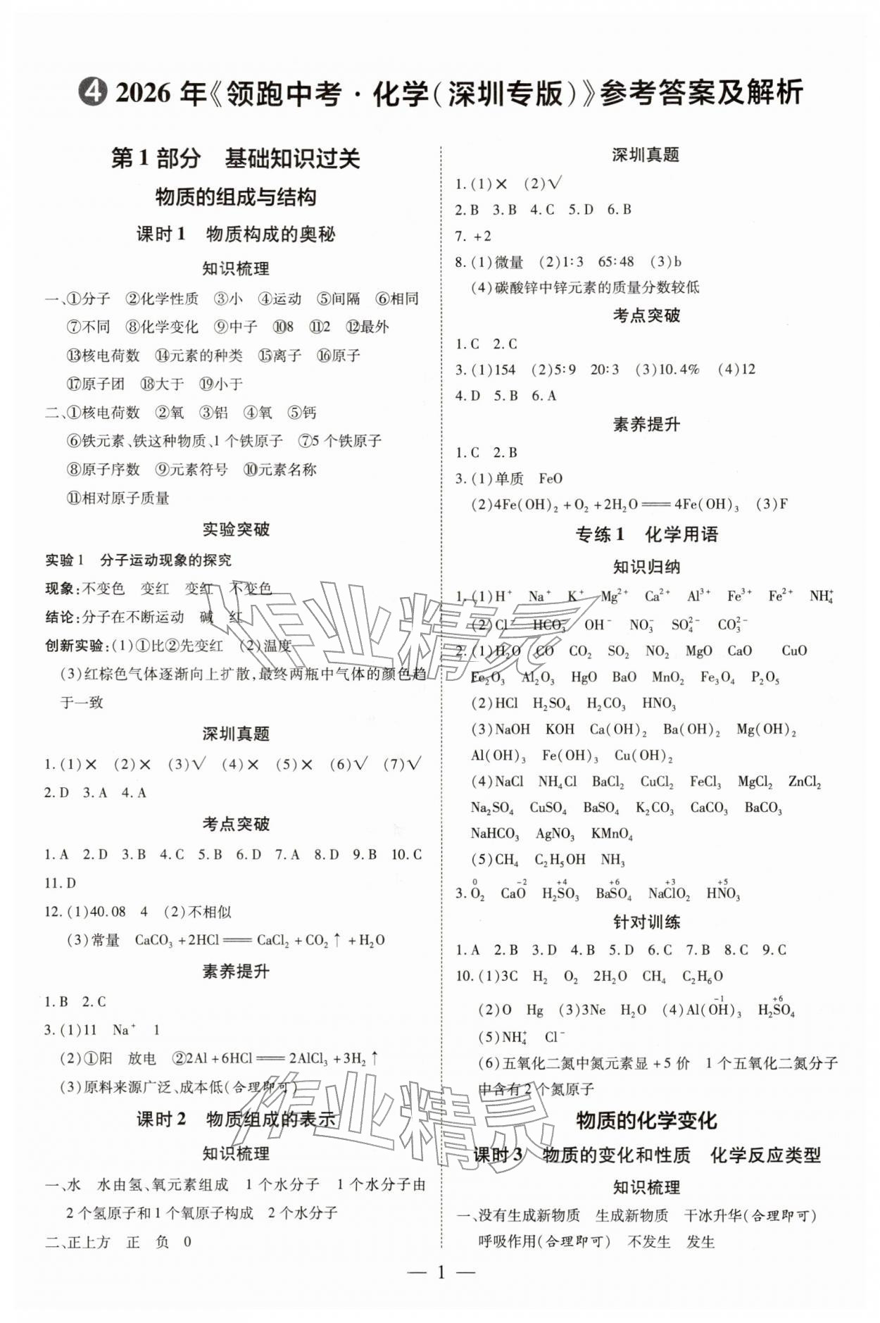 2026年领跑中考化学深圳专版&nbsp;第1页