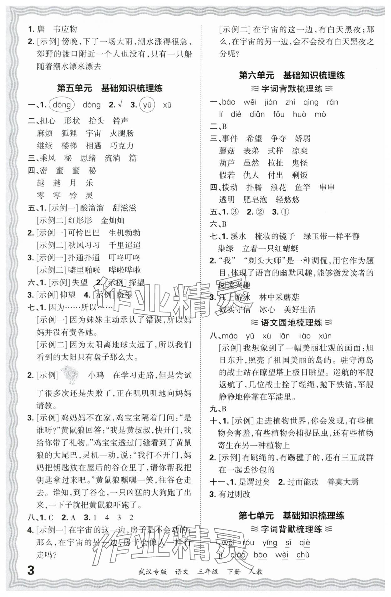 2024年王朝霞期末真题精编三年级语文下册人教版武汉专版 参考答案第3页